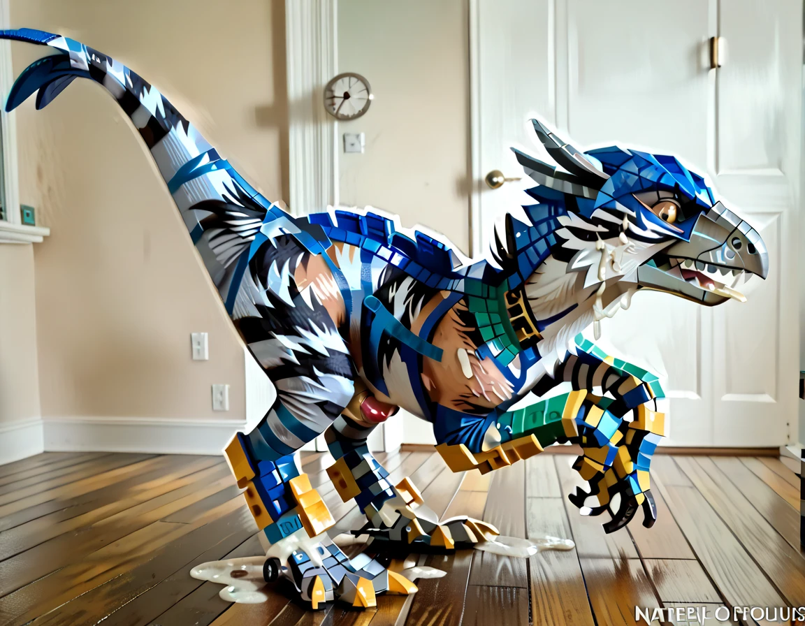 best quality, 4k, masterpiece, (real life photorealistic raw photo:2), (captured mid-transformation:1.5), (nsfw, penis erection, cum:1.7), (adult male human transforming into blue grey plastic lego deinonychus feathered dromaeosaur:1.5), (human lego deinonychus raptor hybridization:1.8), transformation, inanimate, (part human:2), (human into blue gray striped plastic lego raptor transformation:1.6), (inside lego dinosaur exhibit at Legoland theme park:2.2), (panicked, worried look:1.5)