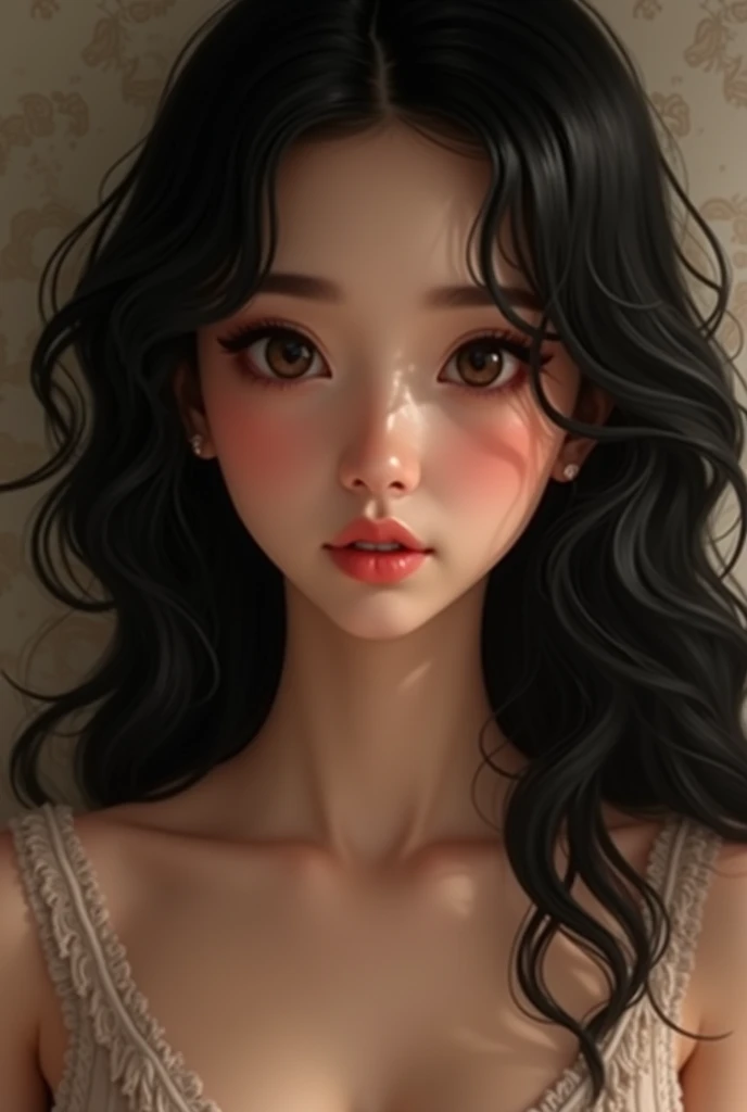 best quality, masterpiece,white hair, gold eyes,white clothes, looking up, upper body,hair strand,Fair skin,side braids,asian,Best Quality, Masterpiece, (Realistic: 1.2), 1 girl, chubby girl, black hair, brown eyes, front, detailed face, beautiful eyes, brown eyes, big eyes, small breasts, cleavage, long dress