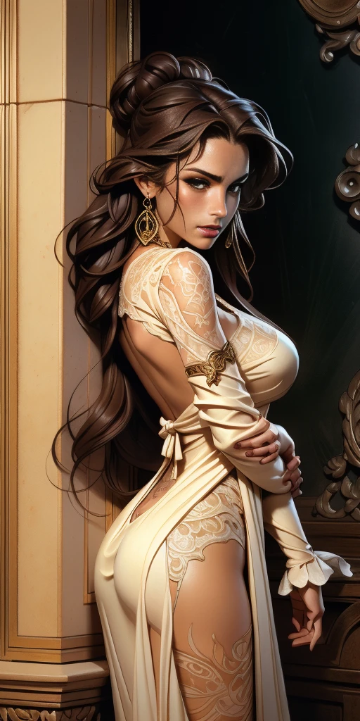 (Best quality,A high resolution,Masterpiece:1.2),Ultra-detailed,Realistic:1.37,Traditional portrait style,Detailed face and eyes,Beautiful lips,fine brushwork,soft, Flowing hair,Delicate flowers in the background,Subtle color palette,Soft lighting,A seamless blend of realism and fantasy,Ethereal atmosphere,Traditional beauty,tempting pose,Crown,glamorous_Costume, Flowing_dress, elegant_jewelry, complicated_Decoration, magic_symbol, Shine_accessories, Portion, Scroll, cute_accent, bow, ribbon, Flowers,,Vivid but not overwhelming colors,subtle texture,Meticulous attention to detail,Graceful posture,Expressive eyes,Feminine characteristics,ingenious composition,Artistic talent,An evocative gaze,Fantastical Atmosphere,A sensual and elegant performance,The perfect balance of elegance and sensuality,Delicate facial features and expressions,Looking at viewer.