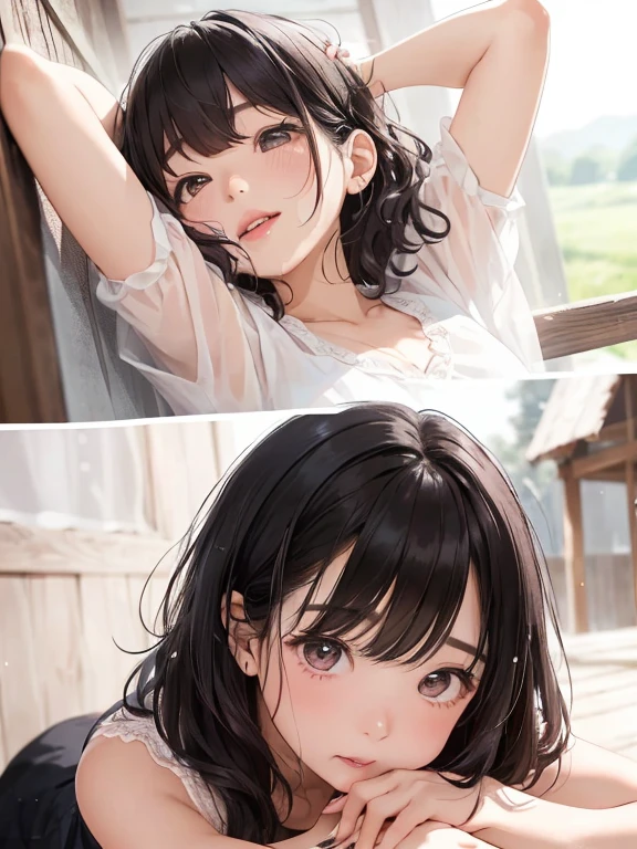 8K、High quality resolution、Ultra HD、Detailed depiction of a woman's body、Detailed depiction、Slender and slender body、japanes、Wet all over the body with semen、Shiny body、The semen overflowing from my is wet、 Panties、no-bra、a beauty girl、Black hair long straight、1 5 years old、((A penis is inserted into your)) 、((The clitoris is visible from the、Full view