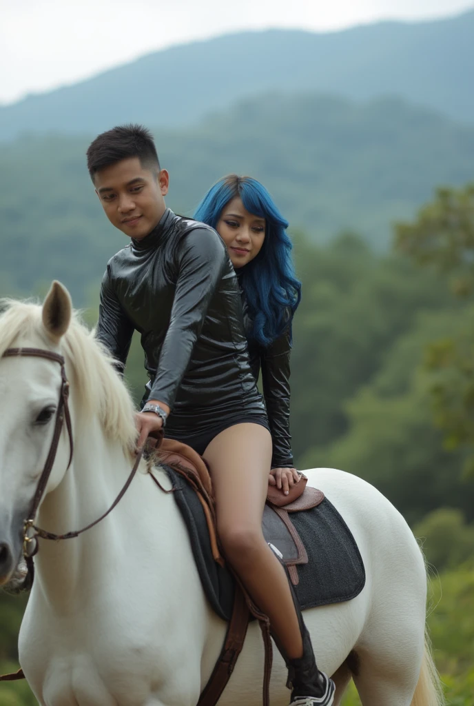 couple photography , handsome man Indonesian face , wears shiny vinyl catsuit black ,  short boardshorts shiny vinyl black , beautiful woman wearing tight vinyl catsuit shiny black , boardshorts vinyl tight shiny black ,blue bangs mix ,  wears vans sk8 shoes ,smile,whole body, portrait focus ,Cinematic, morning background ride a white horse on beautiful forest and mountain cool,Full UHD 4k