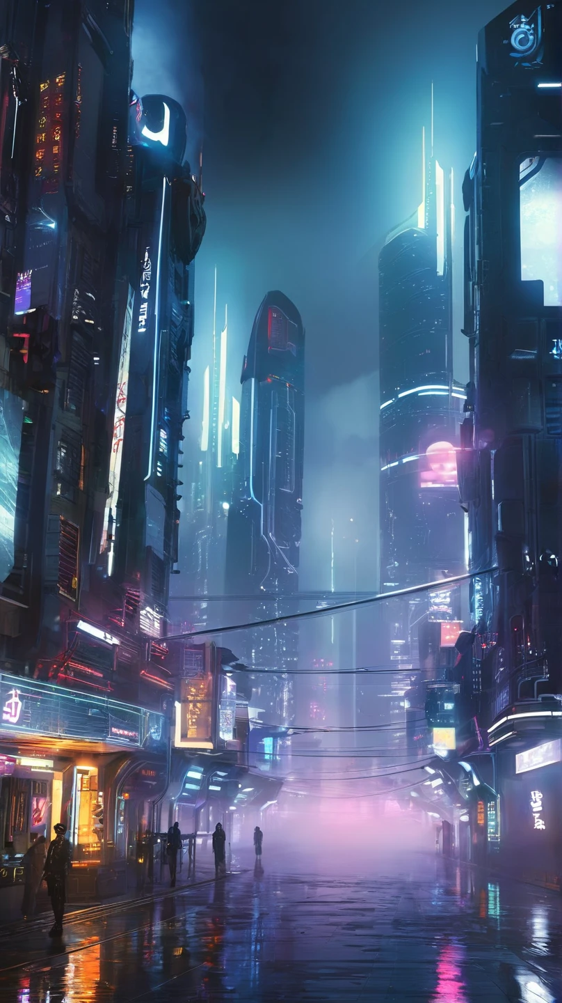 futuristic cyberpunk city, night, lights, fog