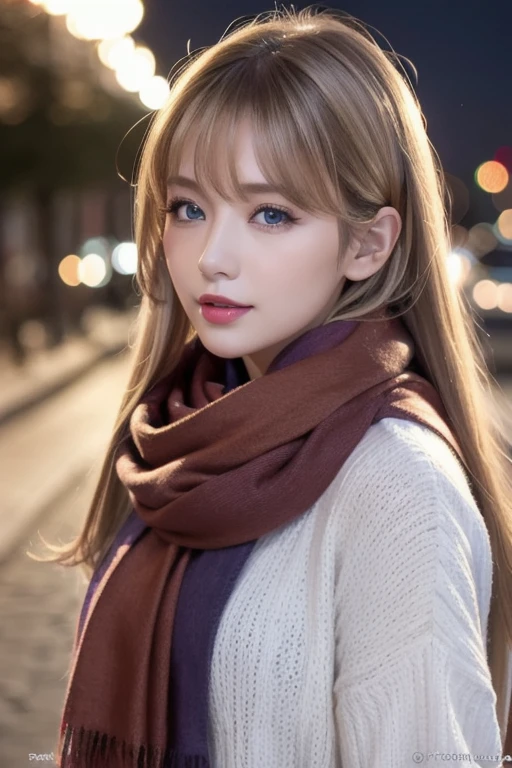 (table top、highest quality、8k、Award-winning work、ultra high resolution)、one beautiful woman、(Elegant thick beige fur coat:1.2)、(The most natural and accurate pink long scarf:1.2)、perfect fit、brown hair、blonde、big cleavage、Very long wavy hair、epic movie lighting、(romantic love feeling:1.1)、(The most romantic and moody atmosphere:1.1)、winter、snow scene、It's snowing、(Walking through the snowy streets of Norway:1.1)、look at me、(Big breasts that are about to explode:1.1)、(Most emphasize the body line:1.1)、very long hair、blurred background、accurate ???????、ultra high definition hair、ultra high resolutionの完璧な美しい歯、Ultra high definition beauty face、ultra high definition hair、Super high-definition sparkling eyes、輝くultra high resolutionの美肌、ultra high resolutionの艶やかな唇、(close up of face:1.2)