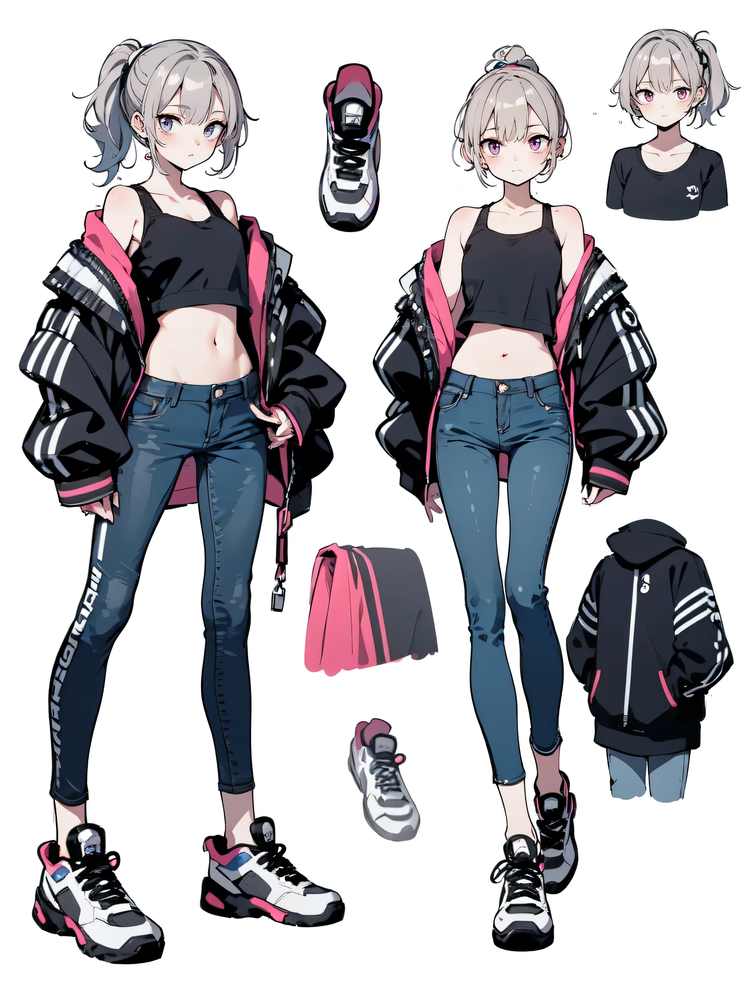  Long eyelashes, Giggles,   eyes slack ,  gray hair, male, Full body design  ,   conceptual art  ,   character design  , Anime Art,   private server  , Sports shoes, Stylish, Sporty,   jeans,   tight top  , Ponytail,   surrealism  , drop shadow, relief, Take off your stereogram ,  full body standing photo, Throw,   atmospheric perspective,   simple background,   modern style  ,  8k resolution,    super detailed   ,   Best Quality，  HD quality， Exquisite and detailed 