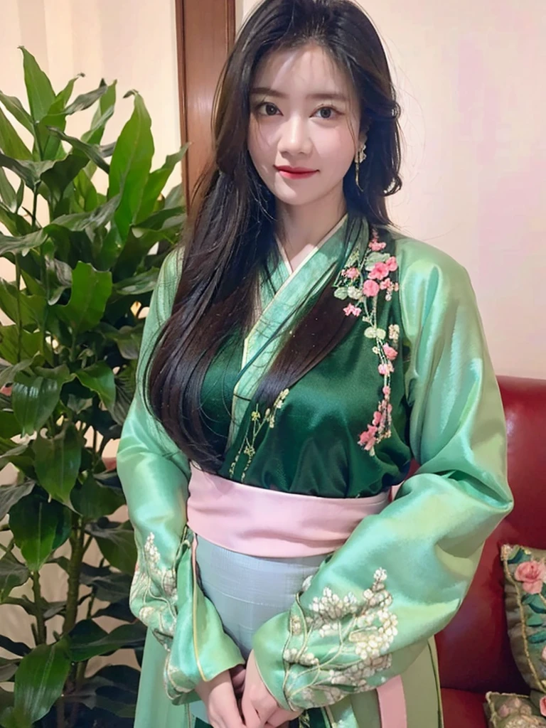  1girl , realistic hentai，（ masterpiece，Top quantity， BEST QUALITY），（ 1girl , solo,  facial close-up ，Upper body：1.3）， （ gentle gaze ），（Green embroidered Hanfu，Tulle streamers），（Hairpin，, dark and long hair），（Green Hanfu），Light pink lips，（young），earring，( clear facial features ， Detailed Skin Care ， pretty face ，Facial highlights，Above the waist：1.3）， Standing on both feet ，Slim figure， 8K Ultra HD ，SLR， softlighting ， HD quality， high resolution ，（Very fine CG Unity 8K wallpaper）