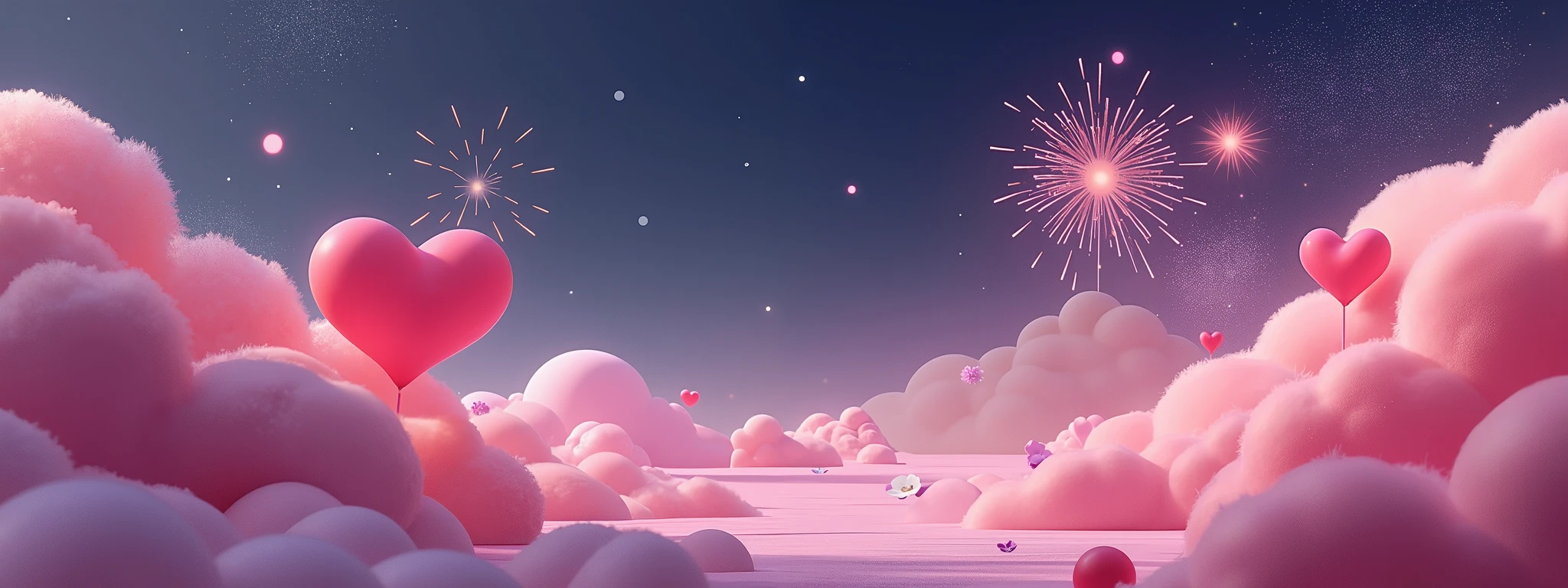 Pink Valentine's Day ，Sky， night view， pink love clouds，fireworks