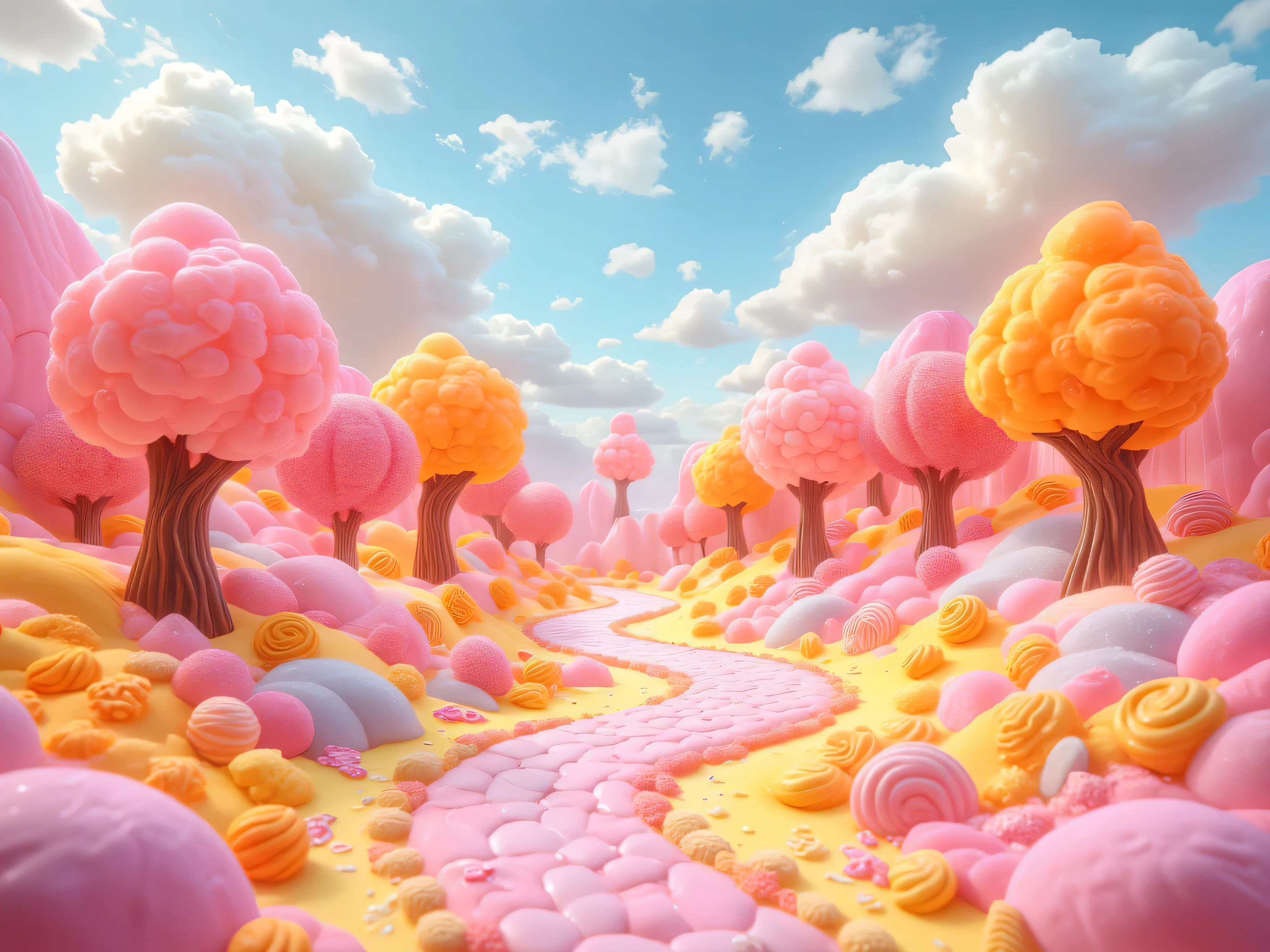 Create a colorful, playful quiz screen background inspired by the vibrant candy-themed landscape of a board game path. The design should include soft pastel-colored hills, rounded trees with pink and orange tones, and a clear blue sky with fluffy clouds. In the center, provide an open area for quiz content placement with a subtle gradient or soft texture. Use a cohesive palette matching the path-style image, focusing on smooth shapes, minimal shadows, and a cheerful, cartoonish 2D aesthetic. Keep the layout simple and clean, avoiding unnecessary distractions while maintaining a whimsical, fun vibe.