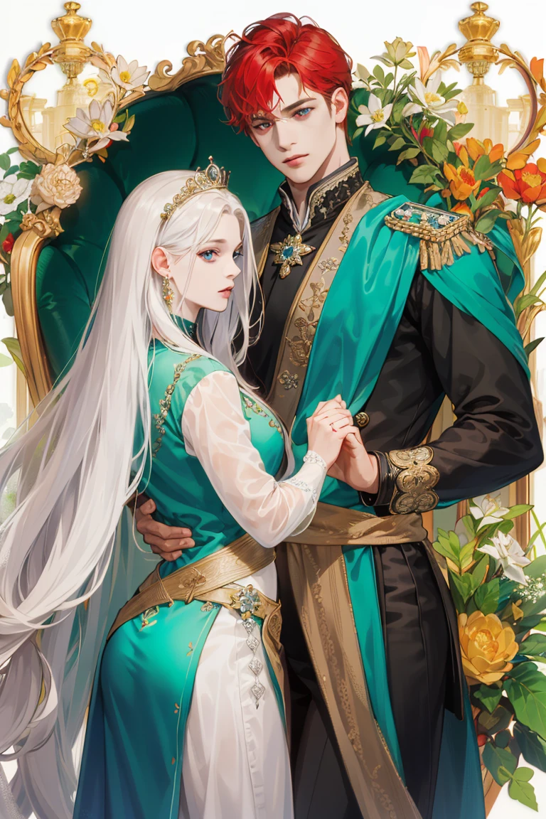 A tall, handsome, statuesque, courageous, adult man is a platinum blonde king, he has tanned skin, blue eyes, long straight platinum hair, long bangs, he is wearing a royal outfit, he leads an incredibly beautiful young femme fatale blonde with blue eyes, she is a princess, she has long golden hair, Long bangs, she's wearing a gorgeous dress. the tiara. exquisite jewelry. The throne room. They're in love.Realistic image.