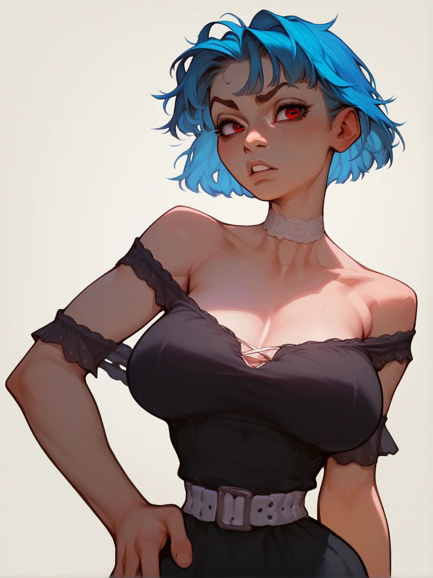 portrait shot, close up shot, blue grey hair, short hair, stitches, stitched body, heterochromia, cleavage, (masterpiece), (best quality:1.2), absurdres, intricate details, <lora:ReiqArt768:0.3>, <lora:lora_ics_a3:0.4>, <lora:FemMahito:0.6>