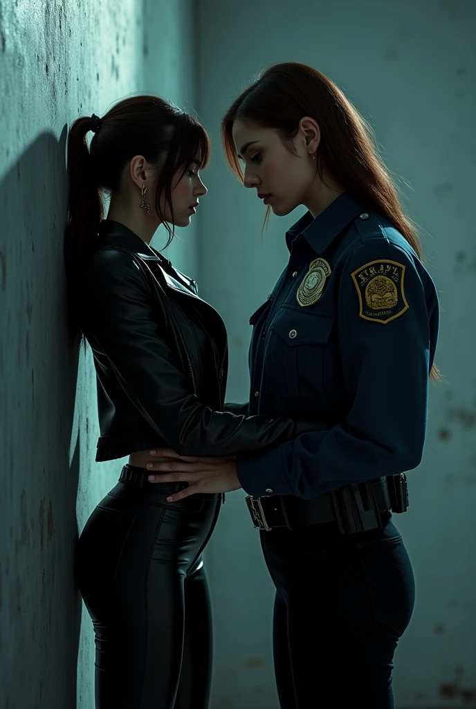 black hair, young skinny asia girl, full body, black leather jacket, black low rise leather pants, black leather overknee boots, black gloves, topless, pump gun in hand, kissing a blond boy, police station, dead police officer in background
