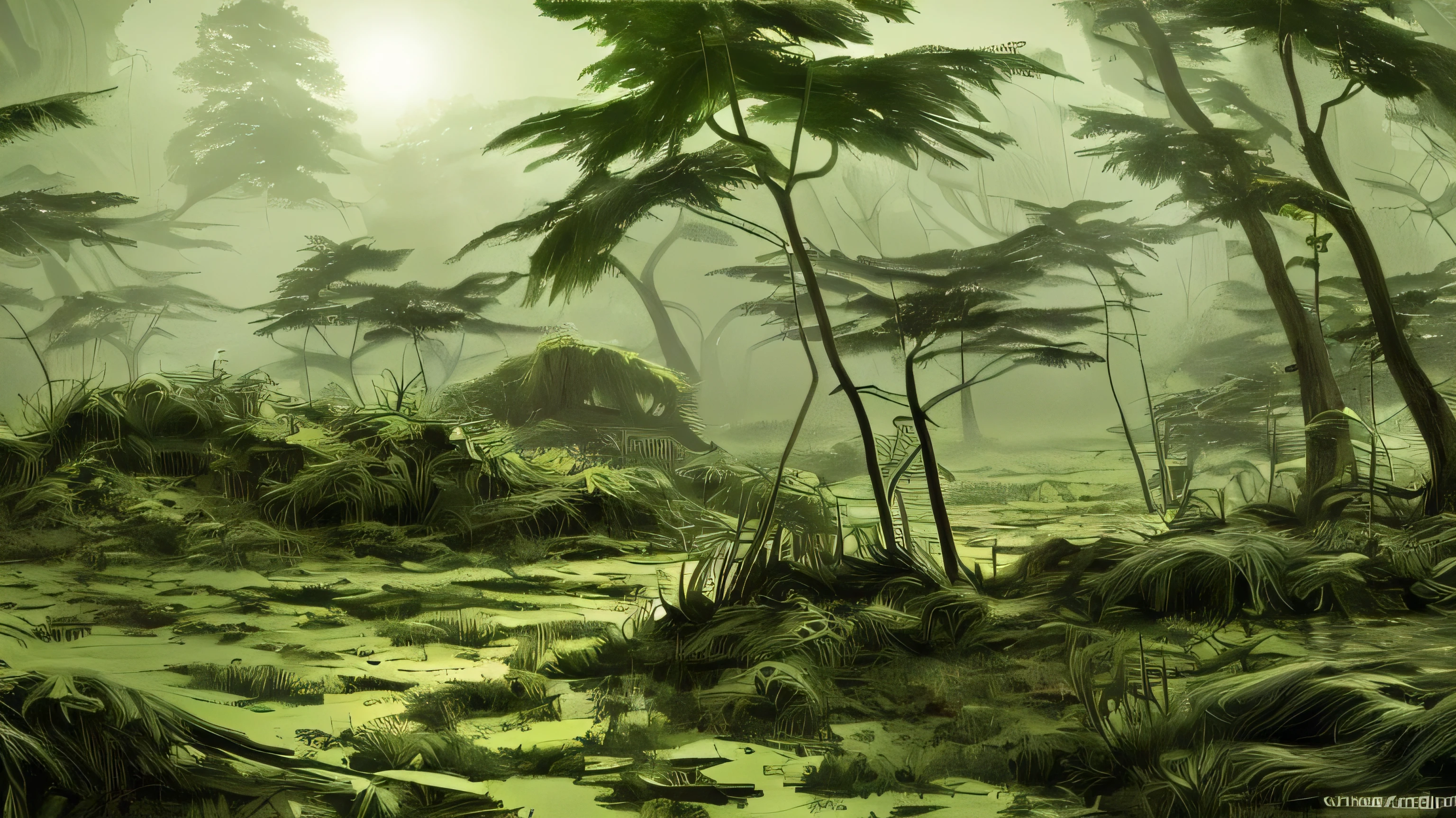 paleozoic aestethics, paleoart, realistic, ancient fern jungle, carboniferrous alien jungle