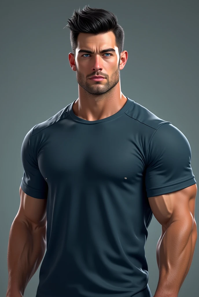 foto BUSTO realista de um homem muito bonito , with Latin features and light brown skin, corpo musculoso e ombros largos e fortes, usando uma camiseta preta apertada, ele tem cabelo cacheado raspado nas laterais, barba muito curta , olhos penetrantes. muito masculino. o fundo da foto rosa.