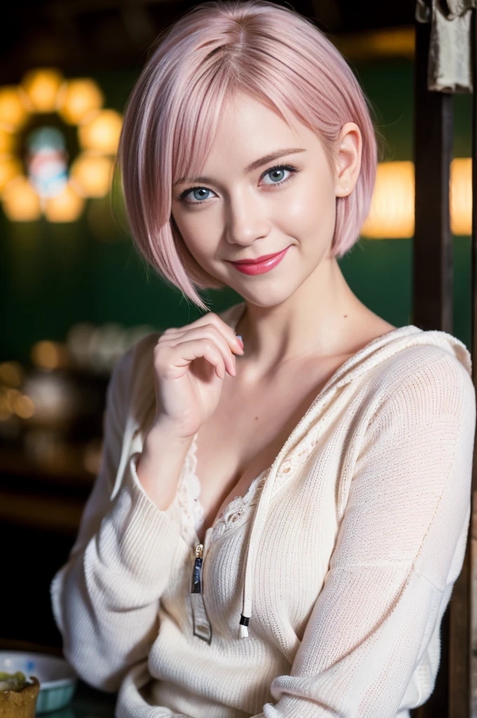 Alluring 24-year-old woman with shoulder-length pink hair, genuine friendly smile facing the camera, adorned in a sophisticated blue dress in a sophisticated restaurant