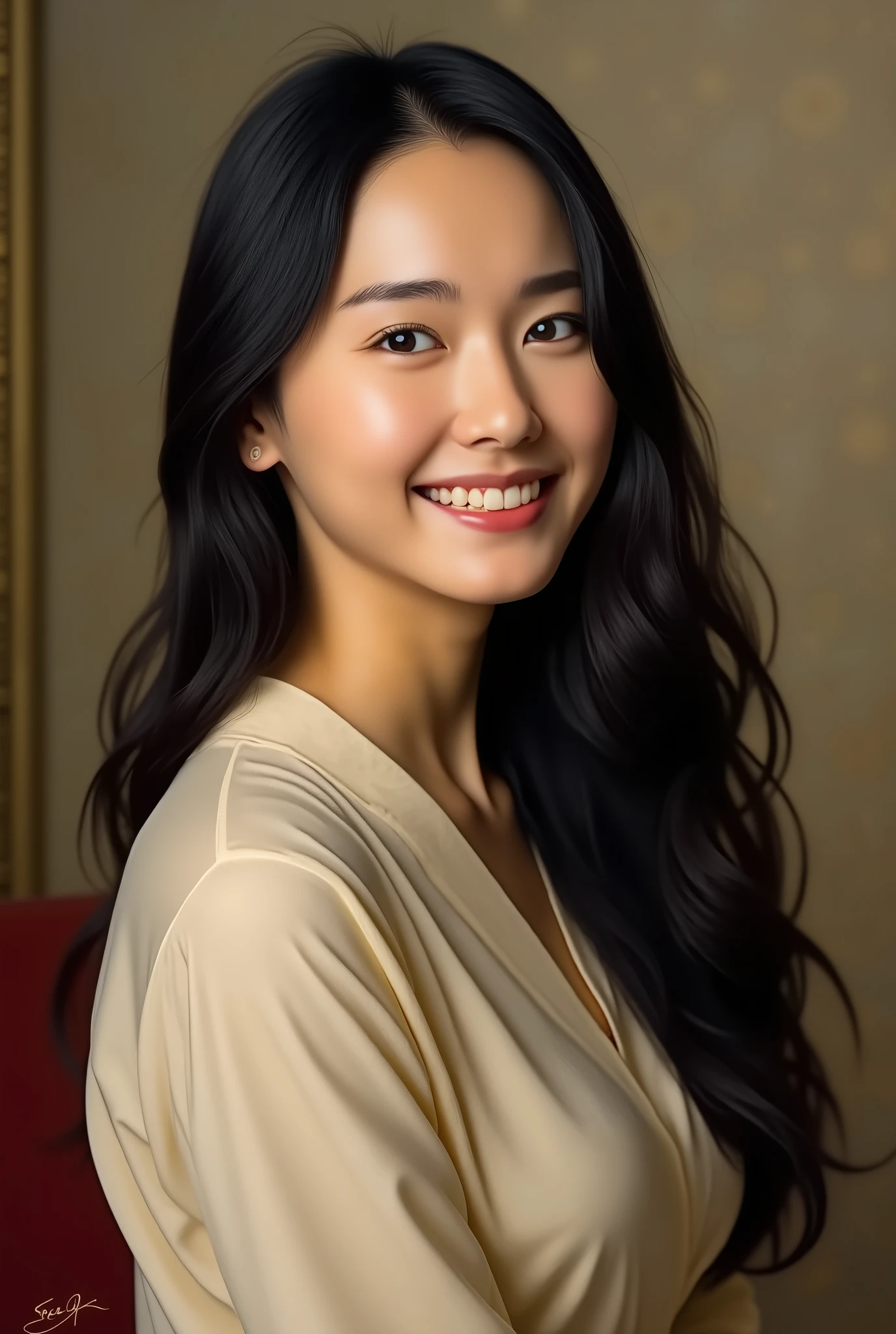 Un tableau dessiné dans le style de Raphaël, Beautiful Japanese naked Girl , black Hair, smile,