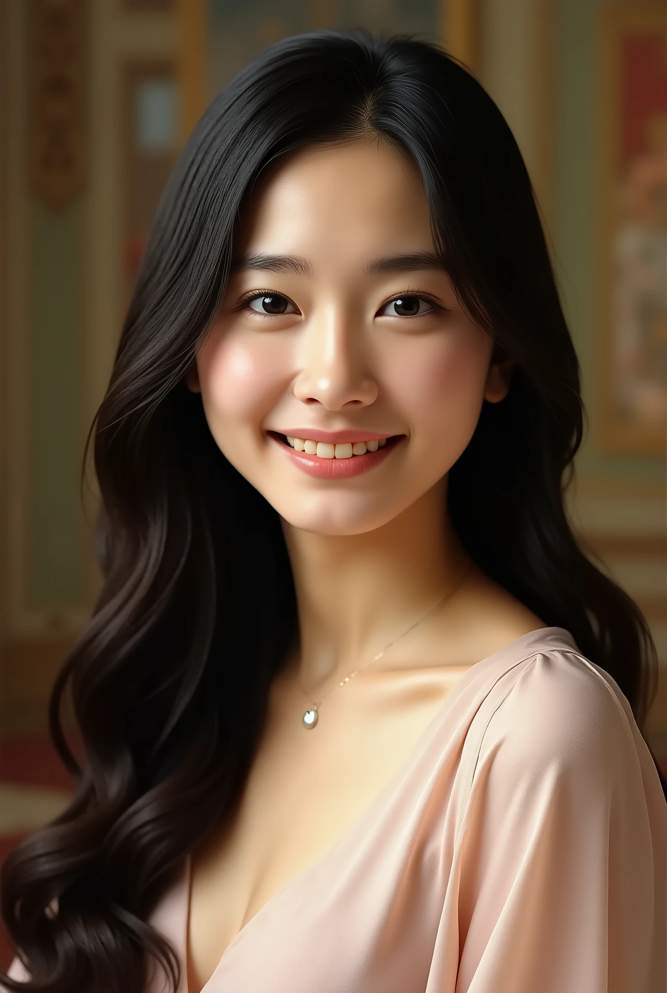 Un tableau dessiné dans le style de Raphaël, Beautiful Japanese naked Girl , black Hair, smile,