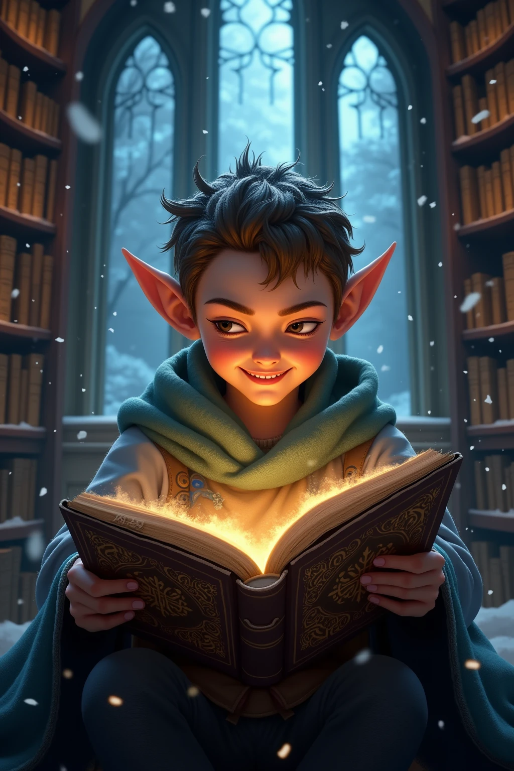 Elren as a young elf teenager with bright eyes and a curious mind, immersed in ancient scrolls in a vast magical library. His expression of fascination reveals his thirst for knowledge, as your hands slowly run through the pages of the forbidden texts.