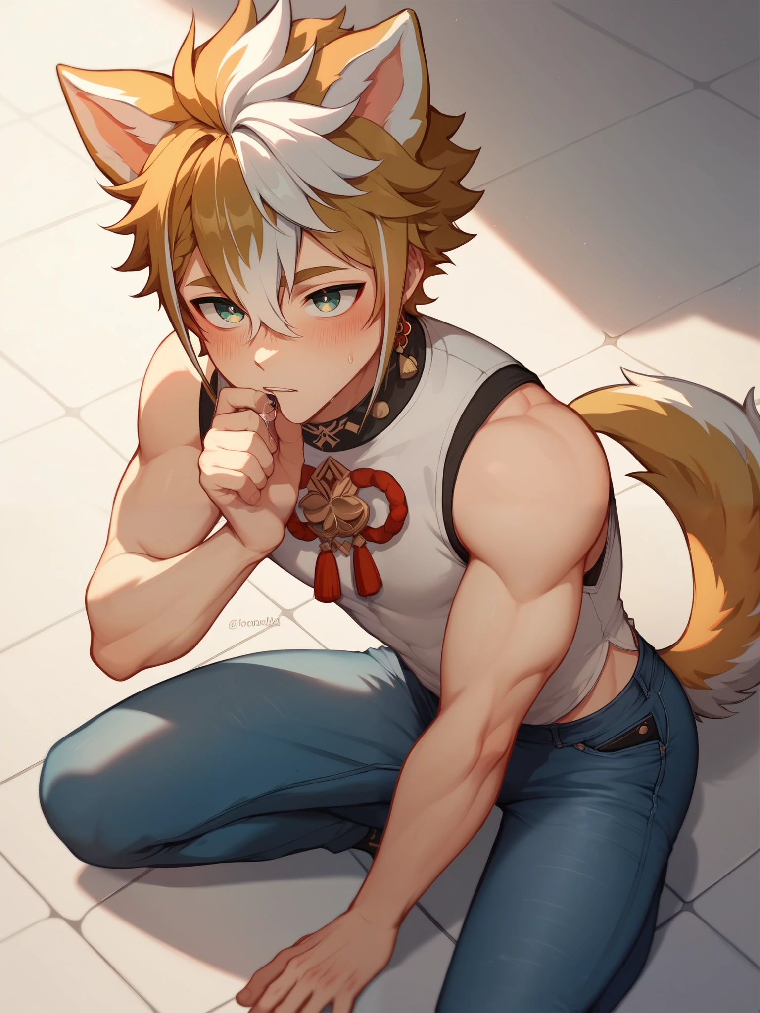 Sexy little boy,Perspective: From the side,Bare topless,Skinny summer shorts with a large bulge in the crotch,Long legs,Quite a large crotch,Toes,fluffly,of cat ears,Thin in size,Abs,Orange and white hair,Blushing and panting,is shy,with a pure white background,超高分辨率,8K,Whole body diagram(Close-up of the crotch)