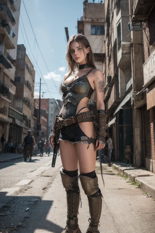 Holding a gun. A lone girl vaultgirl warrior inside apocalyptic ruins. She is a Girl warrior with Runic tattoos, 18 years old, (SLIM), small girl, long legs short torso type body, face Blood splattered, (wearing full heavy Vaultgirl black and gold vaultsuit, combat harness,), Sci fi move scene. Professionally color graded, professional photography, well drawn, masterpiece, hyper realistic, ultra detailed, high quality, best quality, 4k, 8k, hi resolution
