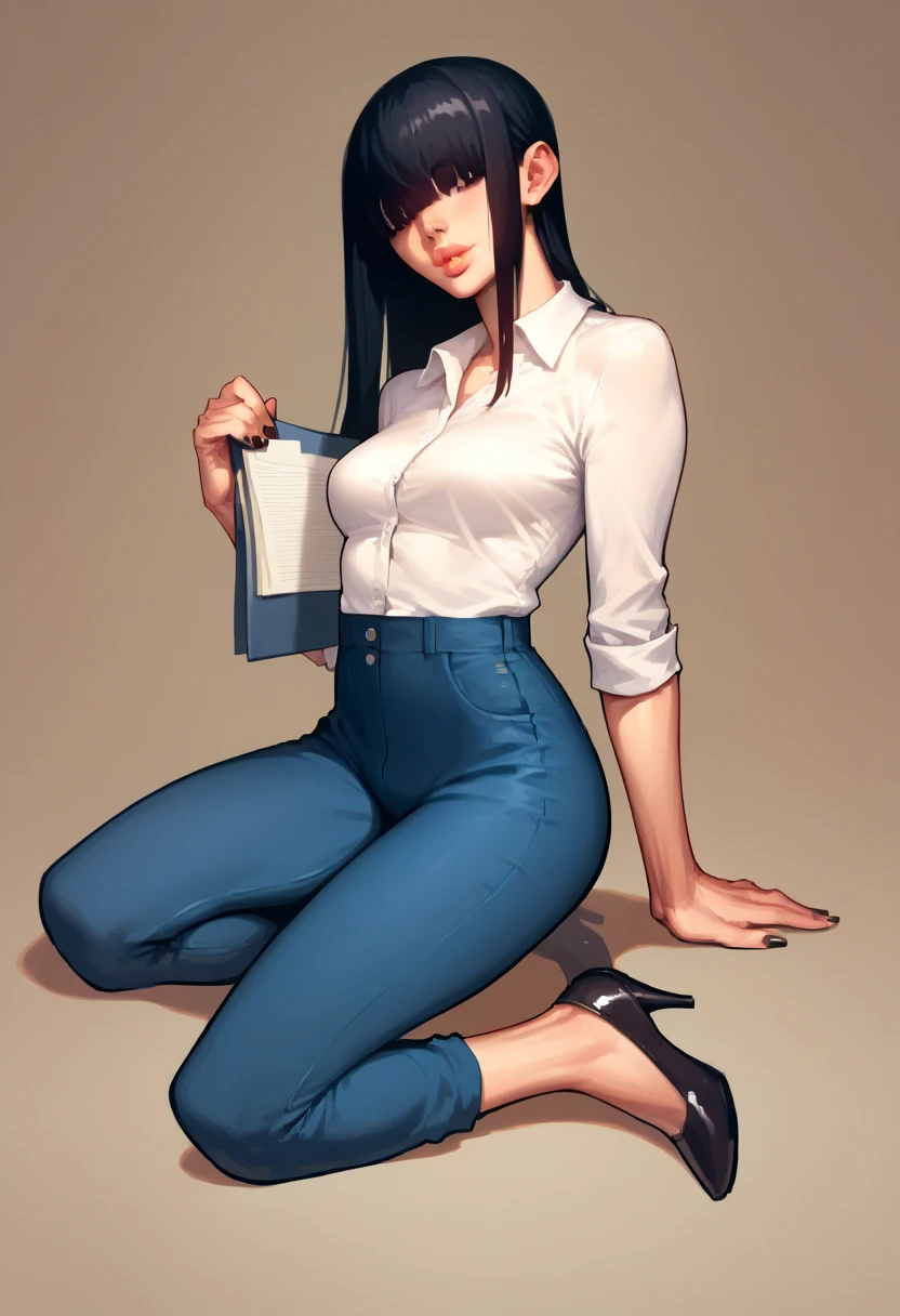 score_9, score_8_up, score_7_up, score_6_up, detailed art of a woman, pale, smooth skin, hair over both eyes, long straight black hair, blunt bangs, full lips, slender physique, white office shirt, blue pants, black heels,