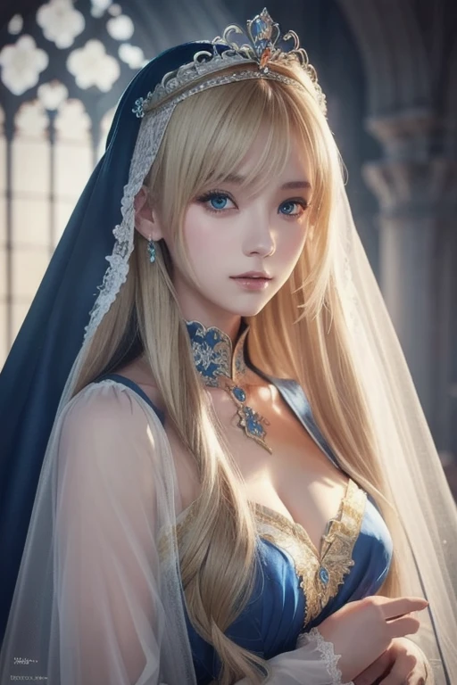 Non-NSFW、Realistic、highest quality、highest quality、masterpiece、Ultra-high resolution、RAW Photos、Realistic、Bright lighting、Face Light、Smooth Professional Lighting、Looking into the camera、alone、Adult female、Beautiful woman、Super Beauty、realistic skin、Moisturized Skin、Realistic eyes and faces、Perfect model body shape、Beautiful Eyes、Big eyes、Inconspicuous tear bags、slim、No bra、Beautiful fingers、very long hair、Silver Hair、Blue Eyes、Looks happy、(Both ears are hidden by hair)、Fantasy World、Medieval Europe、saint、(((Holy Priestess)))、Inside the temple、(Saint's pure white costume:1.2), Small Ass, (Large Breasts:1.3),(Venus' Nipples:1.8), A konigsreuter, (front open white Priest's robe:1.6),(standing leaning forward:1.2),(from above:1.5)