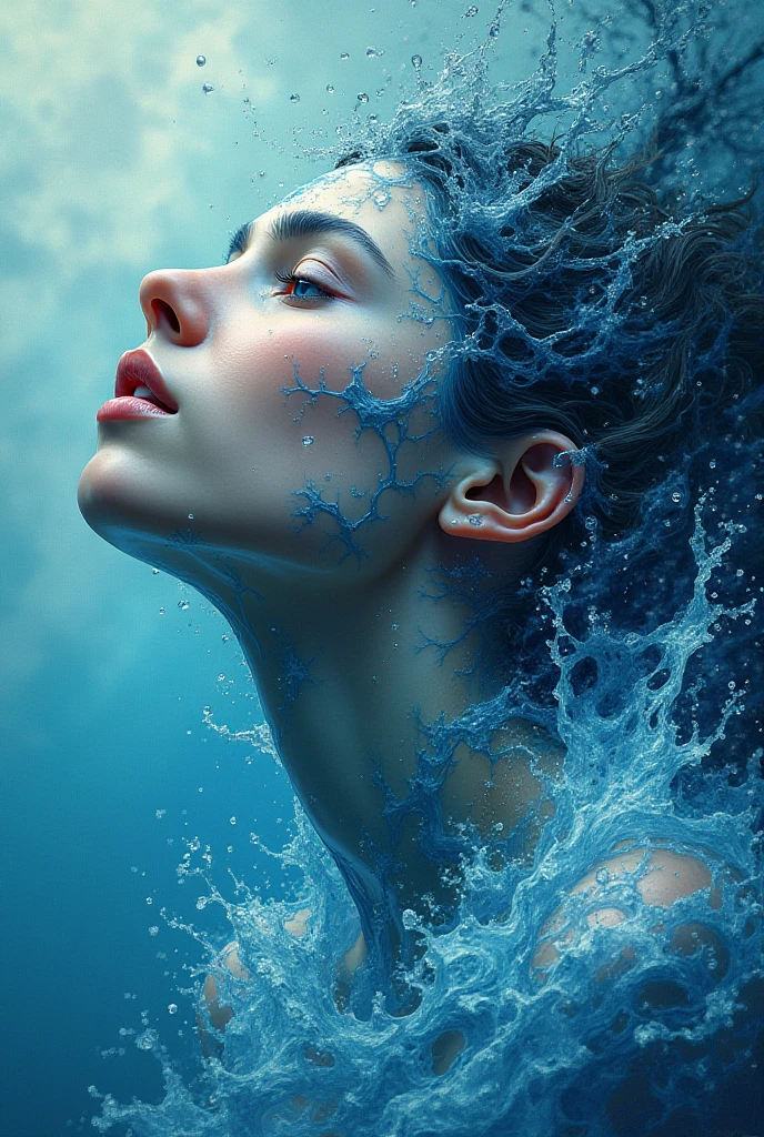 The image is a creative digital manipulation that superimposes a woman's face within a body of cascading water, blending human features with the fluidity and translucence of water. The woman's eyes, nose, and lips are clear and distinct, while the rest of her face and hair dissolve into the water's ripples and flows. Light refracts through the water, creating a luminous effect around her facial contours. In the background, a serene lake scene with distant mountains under a cloudy sky forms a tranquil backdrop. The artwork plays with the concepts of purity, fluidity, and the natural beauty of both water and the human form, resulting in a surreal and captivating visual experience.
