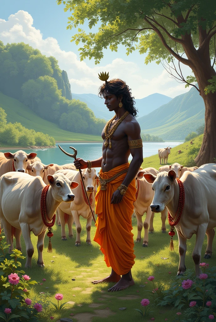 Beautiful Lord Krishna with a peacock feather on his head in jungle with cows and his 10 friends