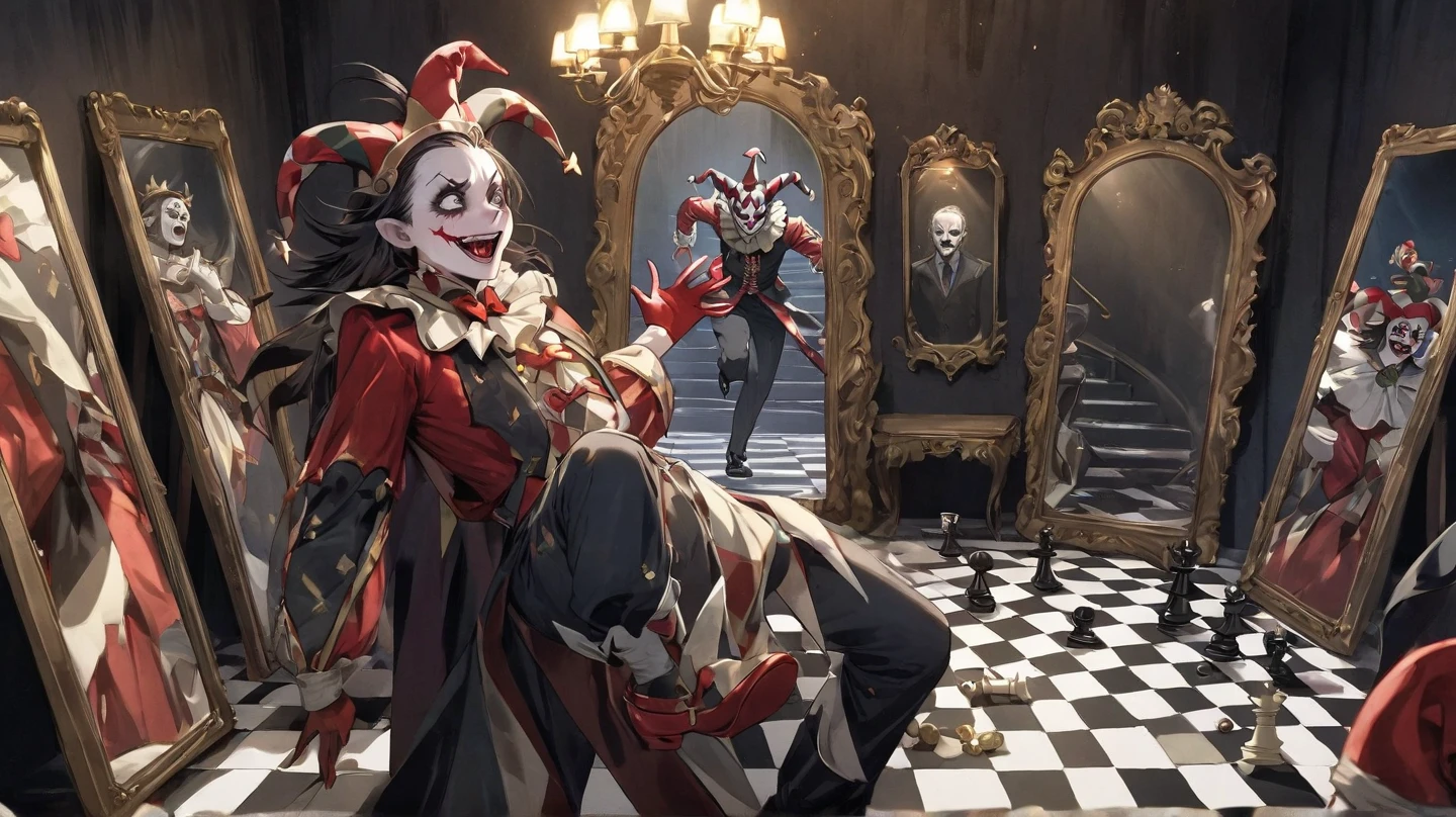 Evil jester man and scared man, 2people, dramatic scene, mirrors, tarot cards, stairs, chess checkers, chaos