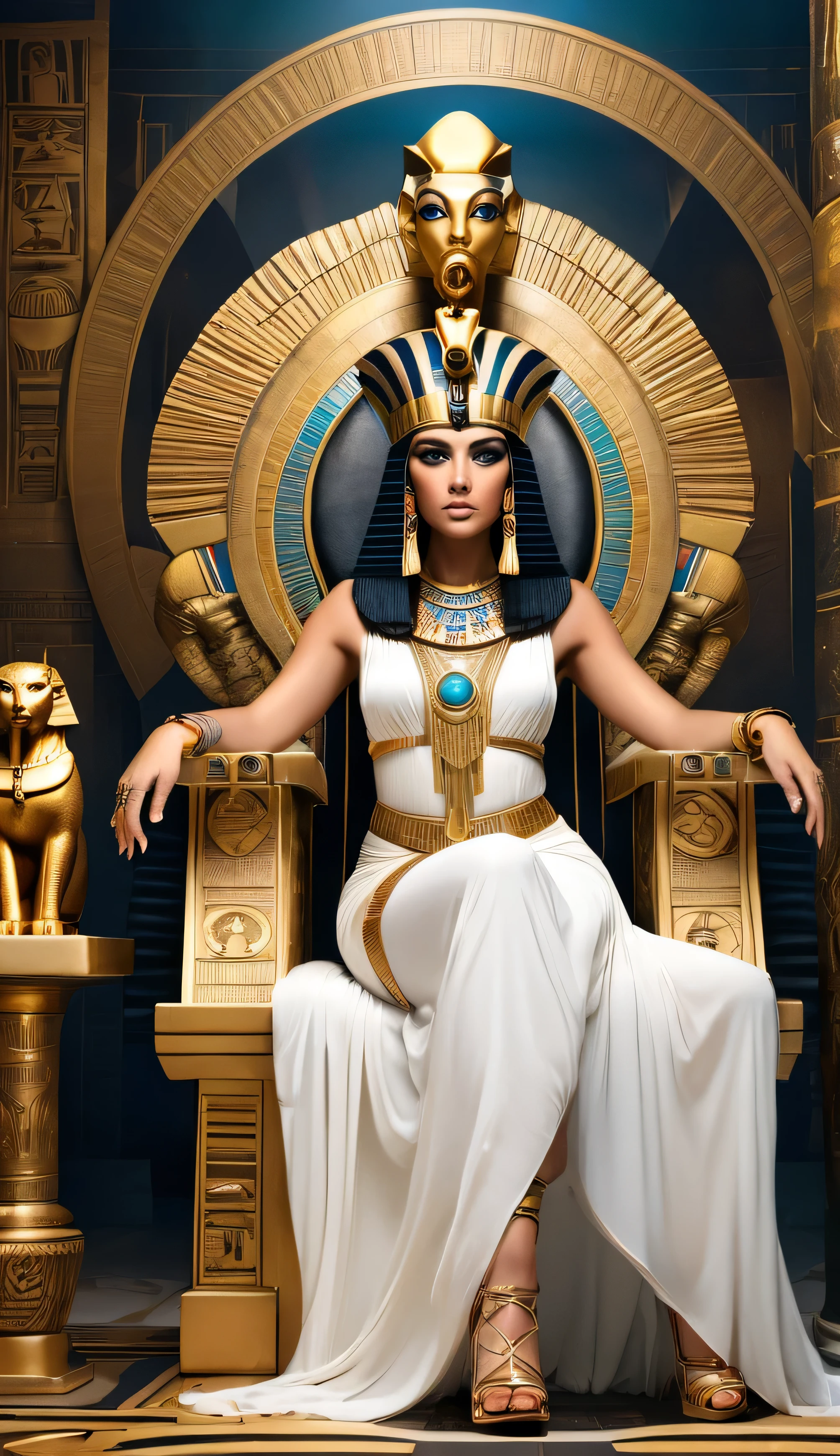 Cleopatra sits on an ornate throne, her gaze fierce yet elegant, surrounded by Egyptian symbols and golden treasures, plotting her move.