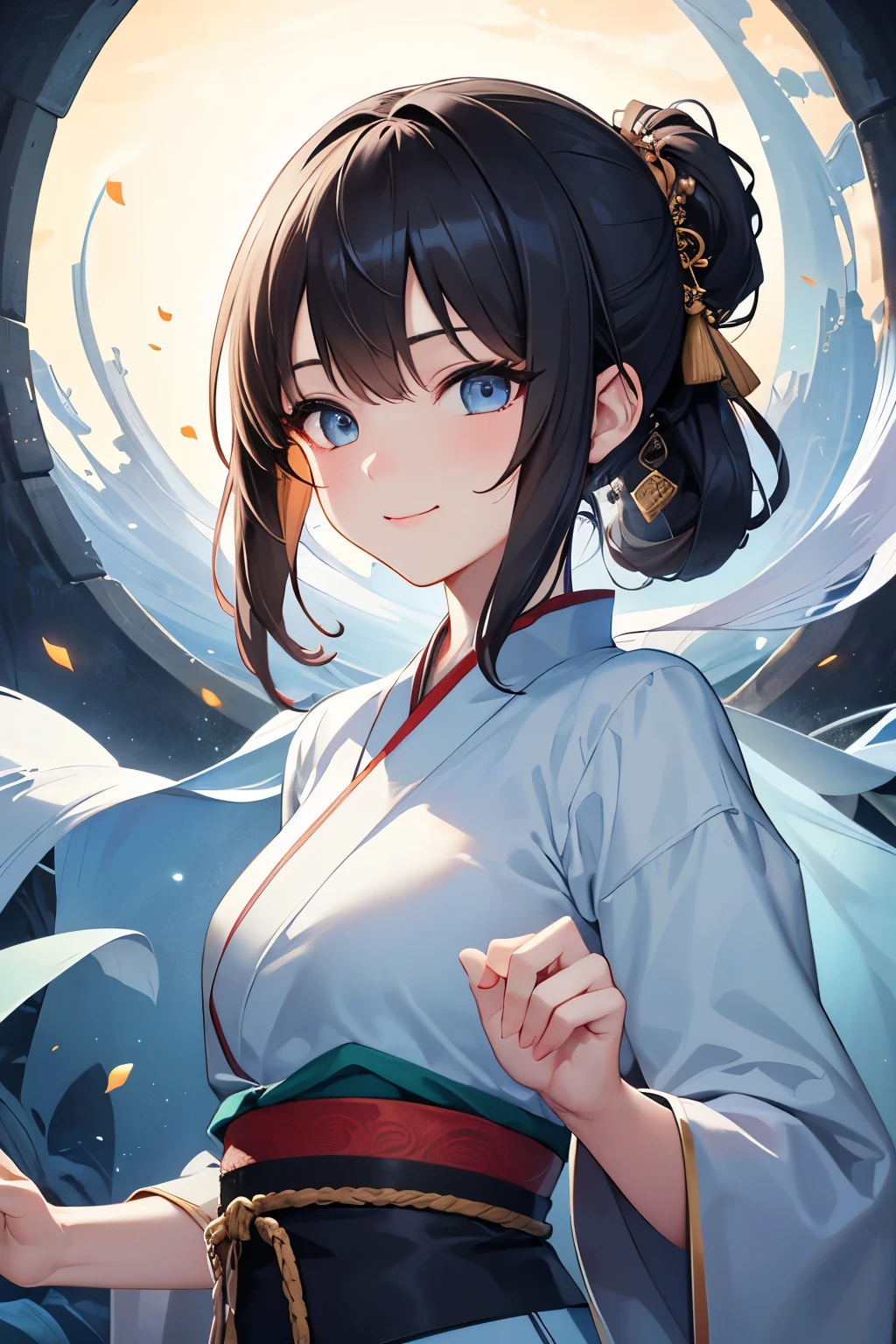 Extremely detailed CG unified 8k wallpaper, masterpiece, best quality, ultra-detailed, (beautiful and detailed eyes: 1.2), high resolution, extremely detailed, highest rendering, (1 girl: 1.5), girl, animation style , ancient Chinese style, black hair, blue Hanfu, delicate oval face, naughty smile, slender figure