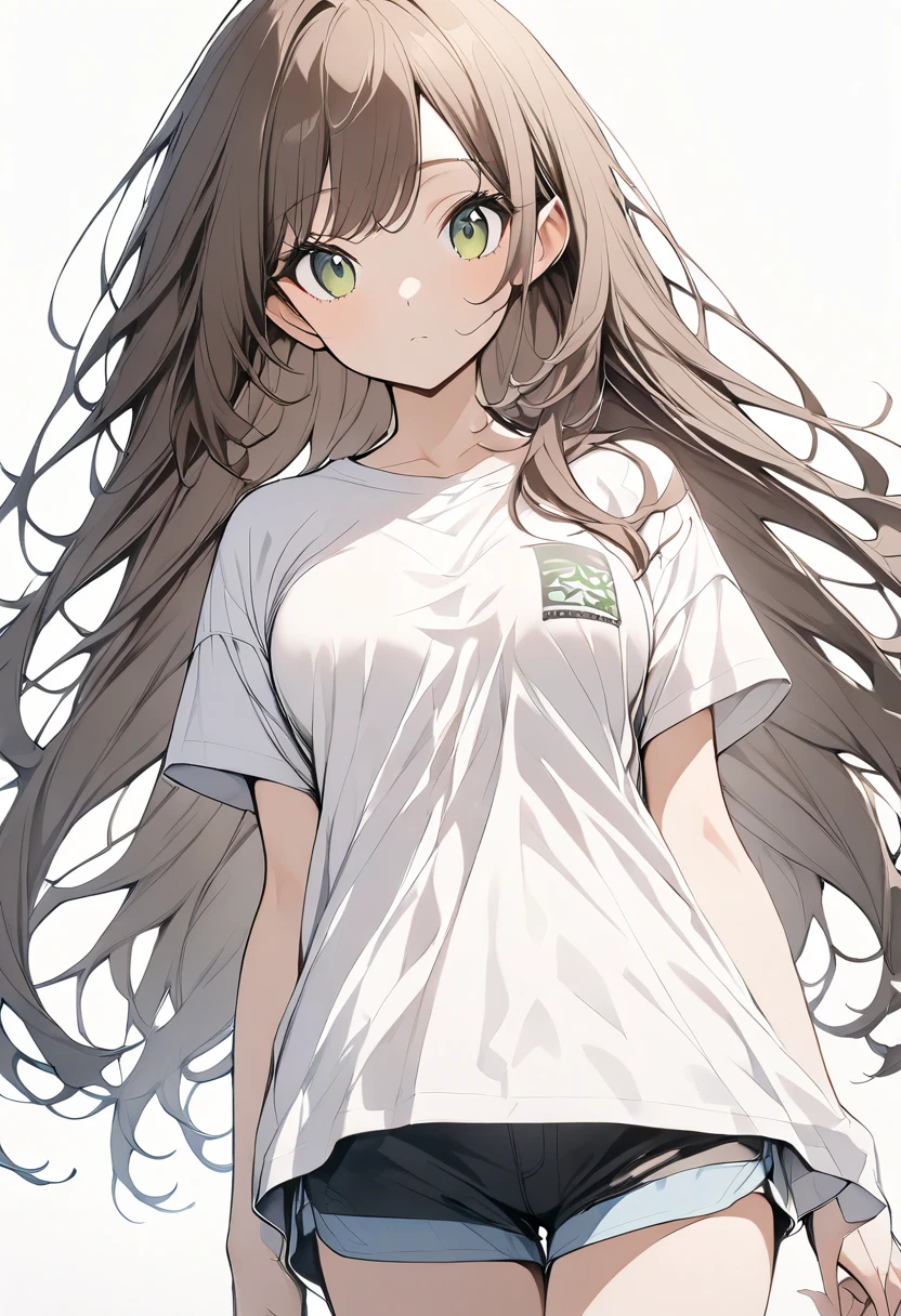 {{masterpiece、 Attention to Details, perfect eyes}}、((White background,from front,  cowboy shot、 Eye Level Shots )) 1 woman、 dark brown long hair 、 Straight Hair、 green eyes、we have、 medium breasts、 white t-shirt 、Shorts、 expressionless、 standing facing the front