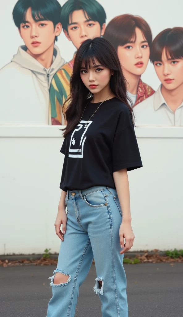  beautiful woman with beautiful eyes wearing a black t-shirt with BTS Logo  , panjang jeans white Vans shoes ,  standing on the roadside background white wall there is a face painting BTS 