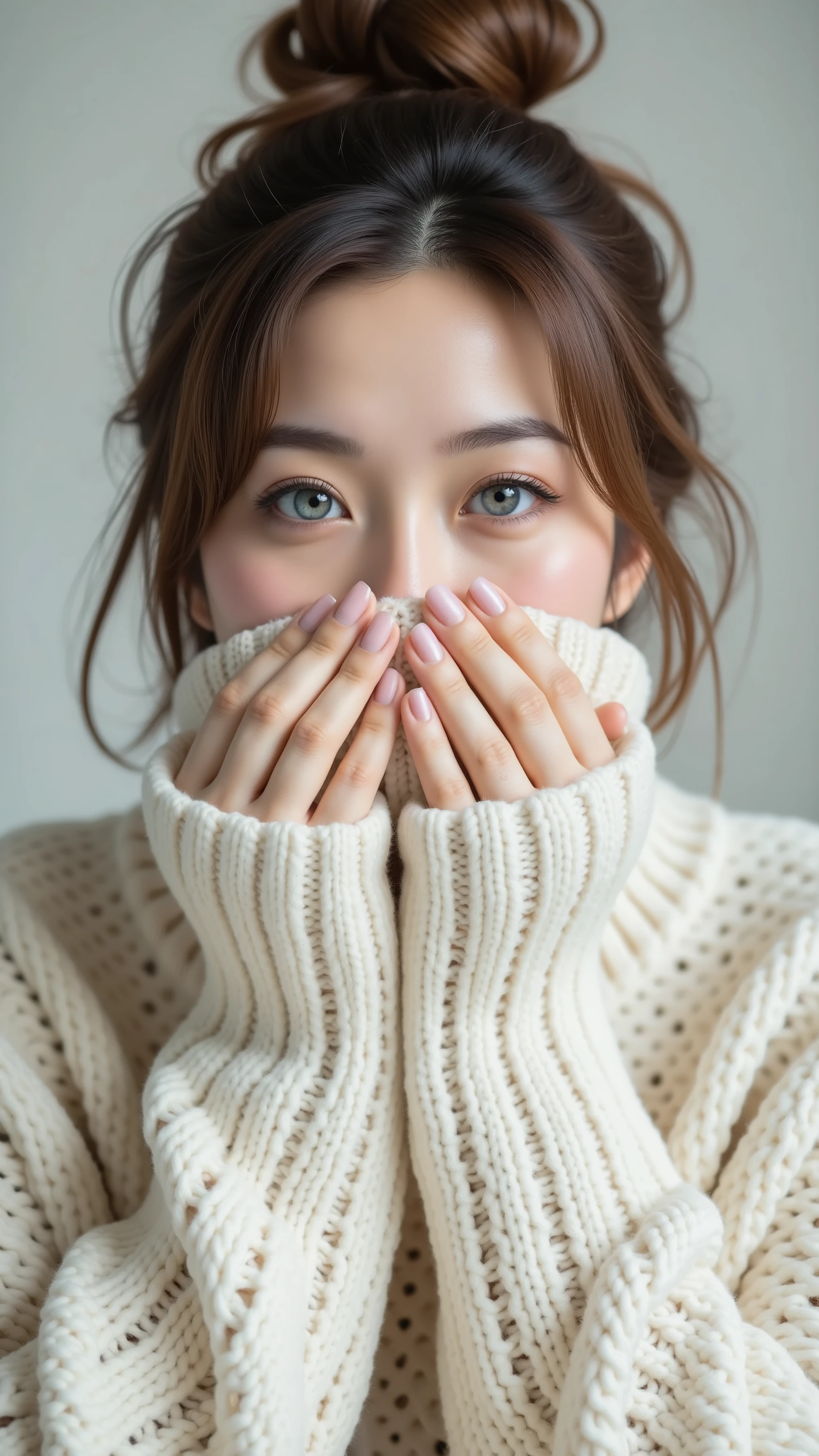 32k, Masterpiece, top quality, (( Korean middle-aged woman )) partially obscured face, light skin, light blue/gray eyes, messy bun, loose strands, cream sweater, chunky knit, open lacy pattern, soft, warm, melancholic aesthetic, blurred pale background, soft diffused lighting, natural light, partially hidden face, hands covering mouth, high neck sweater.