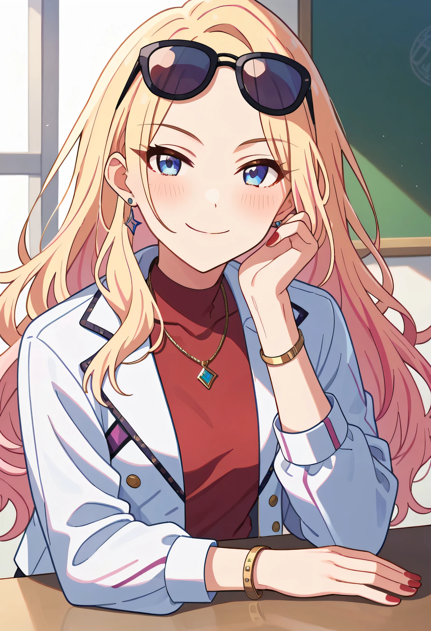 1girl, senajuo2idol, multicolored hair,juo sena\(idolmaster\), 1girl, solo, long_hair, smile, blonde_hair, sena_juo,pink hair, blue eyes, arisugawa natsuha, 1girl, solo, long hair, looking at viewer, blush, long sleeves, closed mouth, jewelry, upper body, earrings, open clothes, necklace, nail polish, open jacket, bracelet, white jacket, sunglasses, red shirt, eyewear on head, red nails, head rest, elbows on table