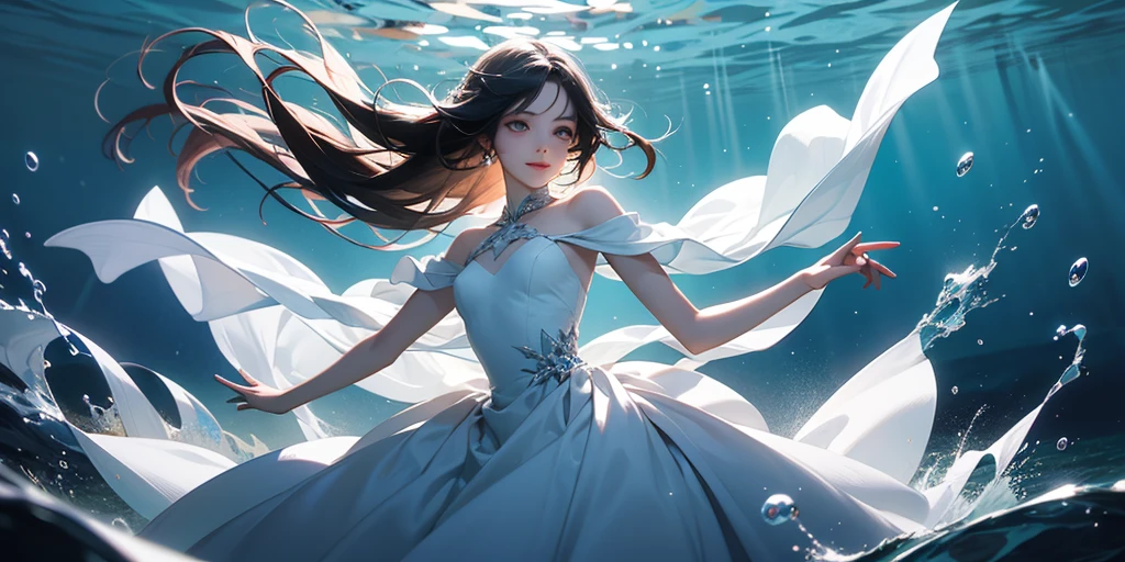 anime girl, black brown hair, emerald green eyes , long lashes, slim hourglass body, divine looking, wavy long hair, glitter and blue and white extravagant elegant suit, and silver hair accessories , pale skin with starlight, white and silver light and flowers in the background, slim waist, princess, white pearls on dress and hair, pearl hair accessories, pink full lips, coat, underwater, tarotcardanime girl, black brown hair, emerald green eyes , long lashes, slim hourglass body, divine looking, wavy long hair, glitter and blue and white extravagant elegant suit, and silver hair accessories , pale skin with starlight, white and silver light and flowers in the background, slim waist, princess, white pearls on dress and hair, pearl hair accessories, pink full lips, coat, underwater,