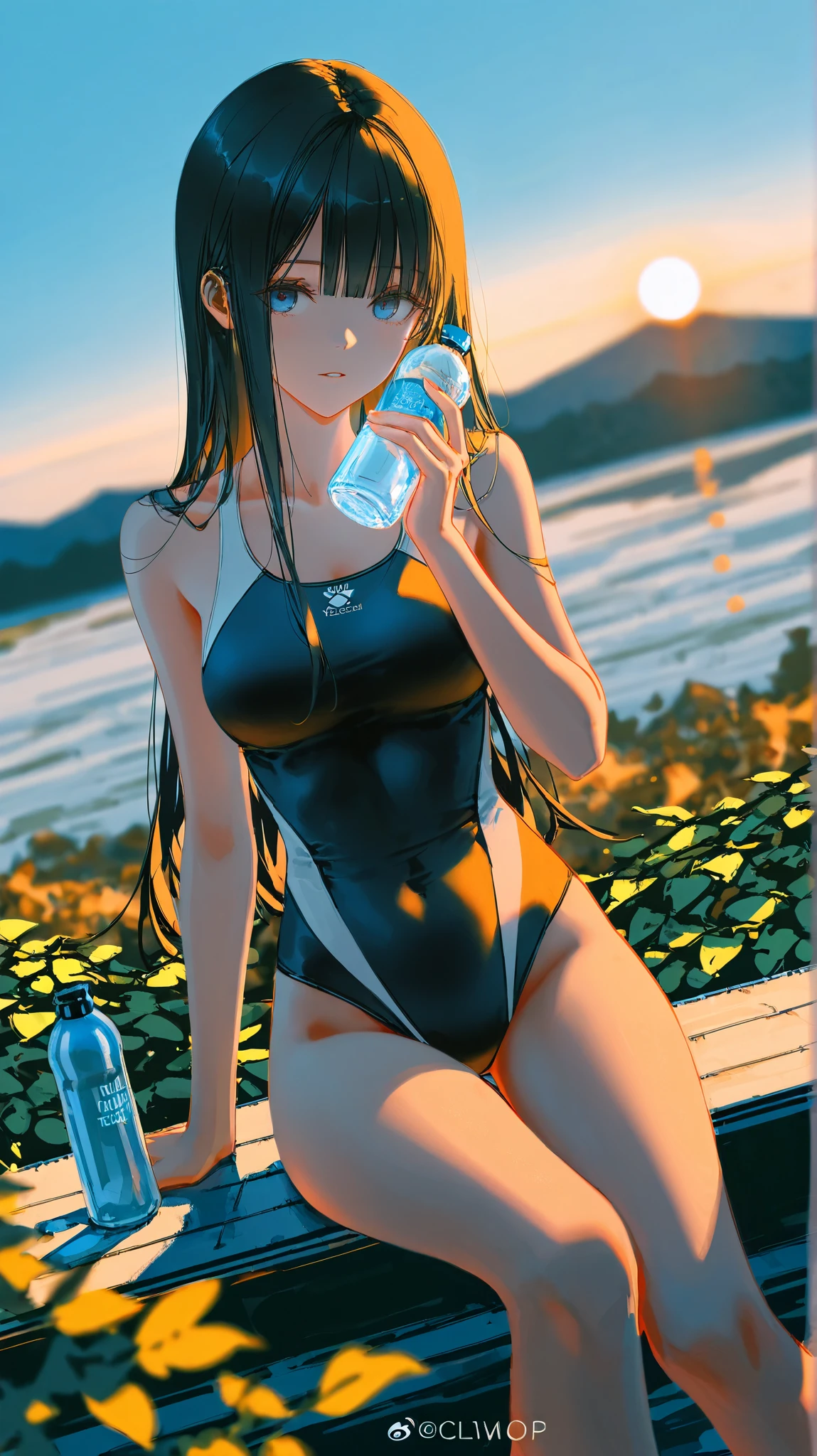 Highest quality,Highest Resolution,A beautiful girl in a leotard swimsuit with a crying face,Poolside at the competition pool,Black hair ponytail,Very beautiful eyes,(((Drink a drink))),Sweat profusely,Tears,(((Open your mouth wide and drool))),Transparent nipples,whole body,Super High Leg,