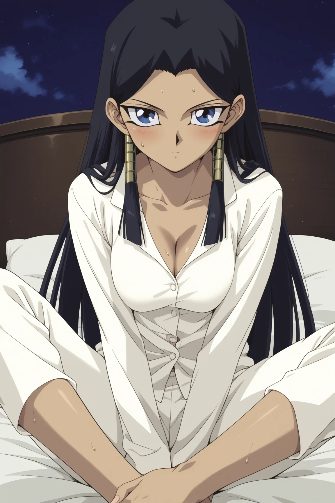 (anime style),masterpiece, best quality, ultra-detailed, glistening shiny, glowing light, ray tracing, HDR, deph of field, (perfect face, detailed face, detailed eyes),(very small boobs:1.2),8k,HD,ultra realistic face,ray tracing,perfect lighting,best quality, ultra-detailed, shiny eyes, (looking at viewer,sensual smile:1.1), ((1girl)), (gyaru, female:1.4),cowboy shot,
long hair,
((house interior, bedroom, bed, dresser, lamp)),complex background,((super detailed background)), sensual poses, ((8k wallpaper)) ,
