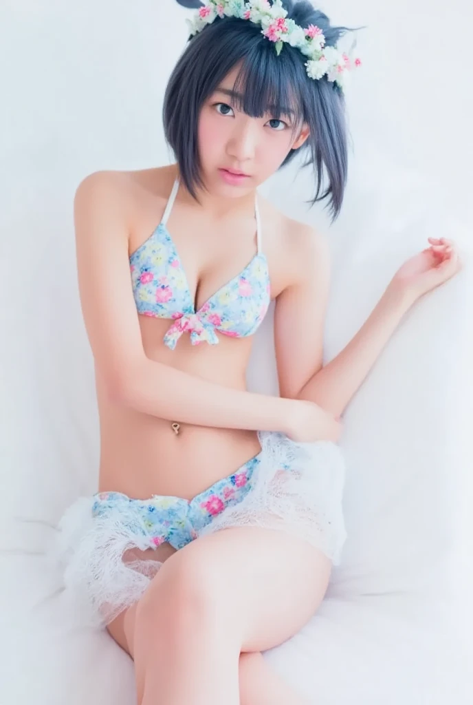 One girl Russian Flat Chest Small Boobs Bedroom bed Gravure pose Young face Micro Bikini Firm Skin Beauty high resolution High precision Two-tone with black and blue hair Detailed skin blue eyes Detailed face whole body smile Bobcut