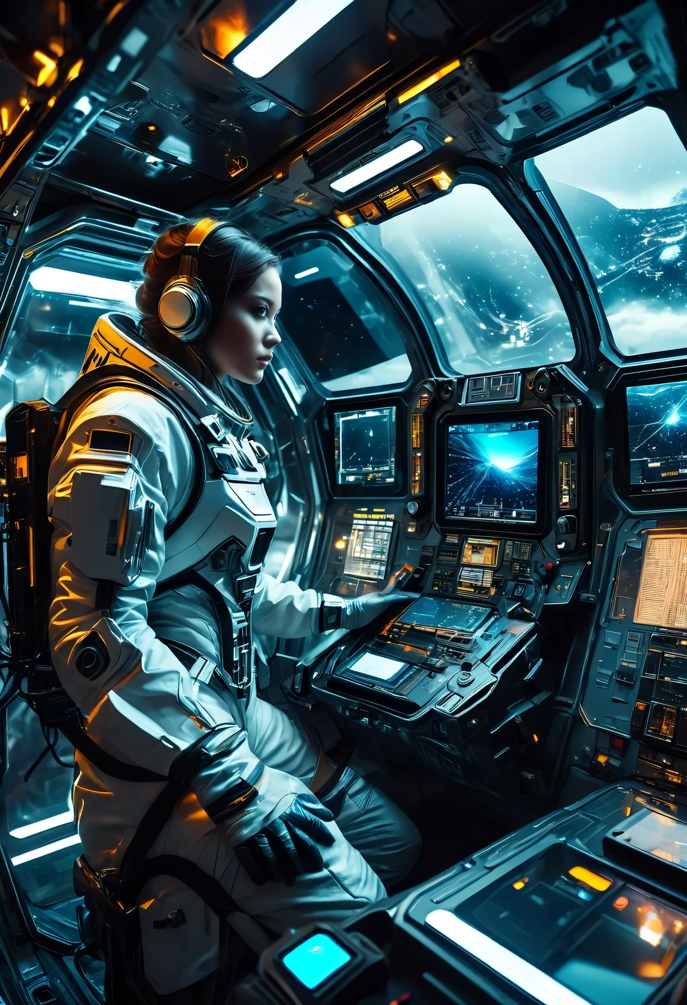 Futuristic Astronaut Inside a Spaceship, control panel , High-tech interior, Metal and Glass Material , atmospheric lighting , Dramatic Cinematic Composition , intricate details, Realistic, Concept Art Style