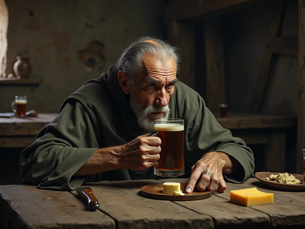 An old monk in shabby clothes , ((sad)), in a medieval ramshackle tavern, drinks beer, on a wooden table knife , piece of cheese , meager food , ware, 8k, style Caravaggio