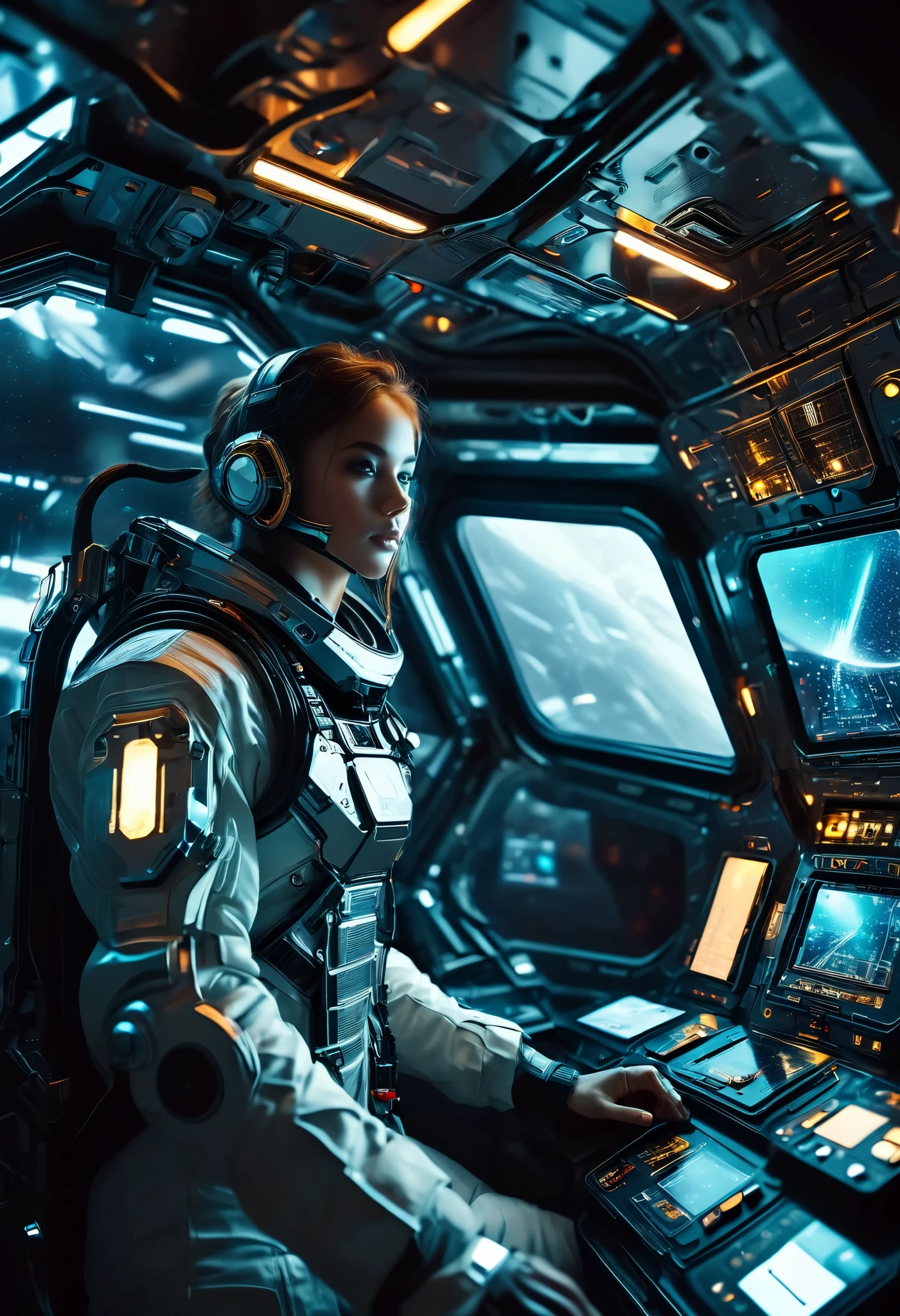 Futuristic Astronaut Inside a Spaceship, control panel , High-tech interior, Metal and Glass Material , atmospheric lighting , Dramatic Cinematic Composition , intricate details, Realistic, Concept Art Style