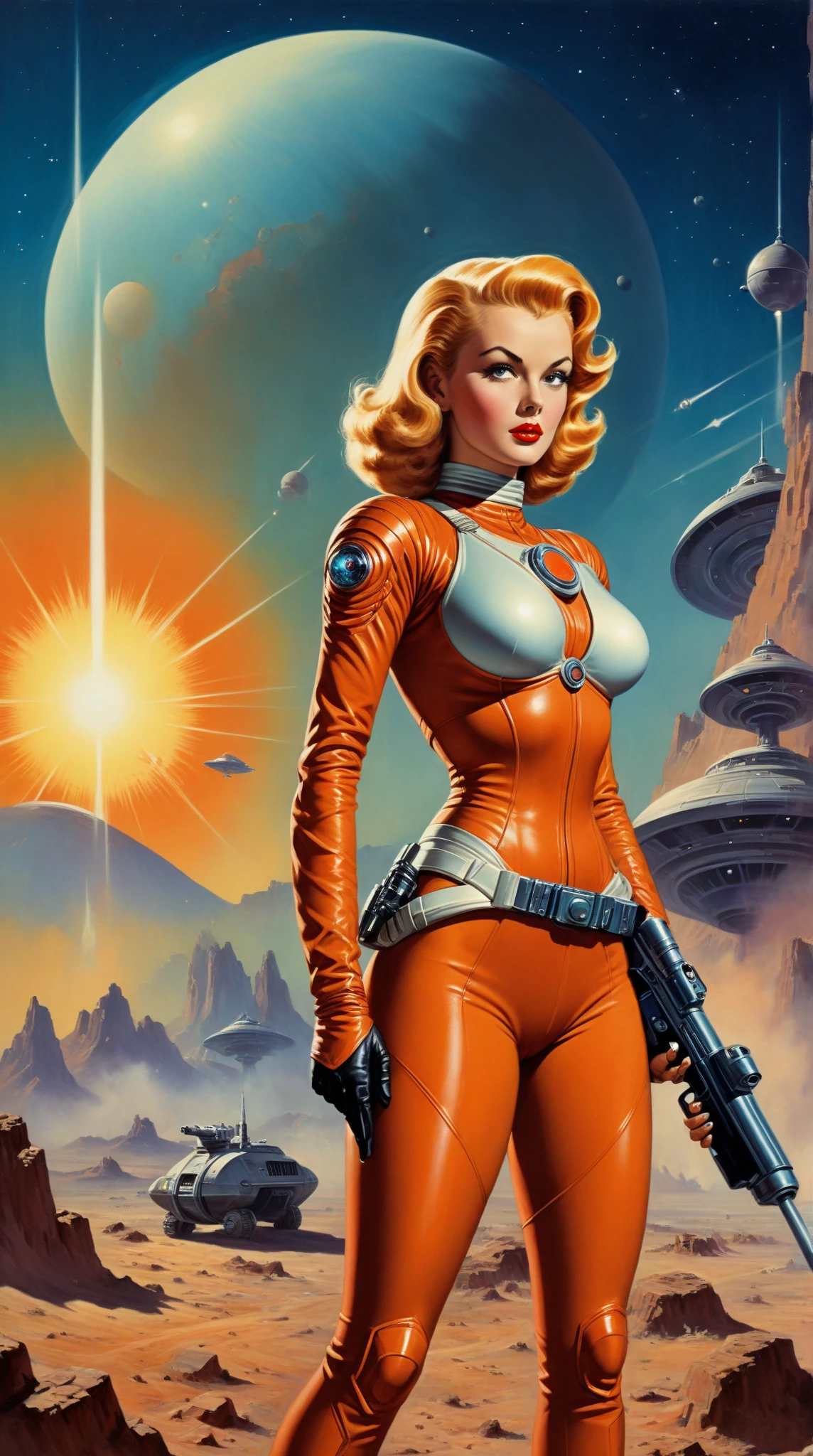 by Angus McKie, .1950's pulp sci-fi female space cadet, holding a ray gun rifle at ready, giant gas planet background,.(professional poster art, bold lines:1.4),.(pulp sci-fi,  beautiful, intricate details, masterpiece, best quality:1.4),.cinematic full body shot, dynamic pose,.pulp sci-fi poster art color palette,.dramatic and dynamic lighting,..