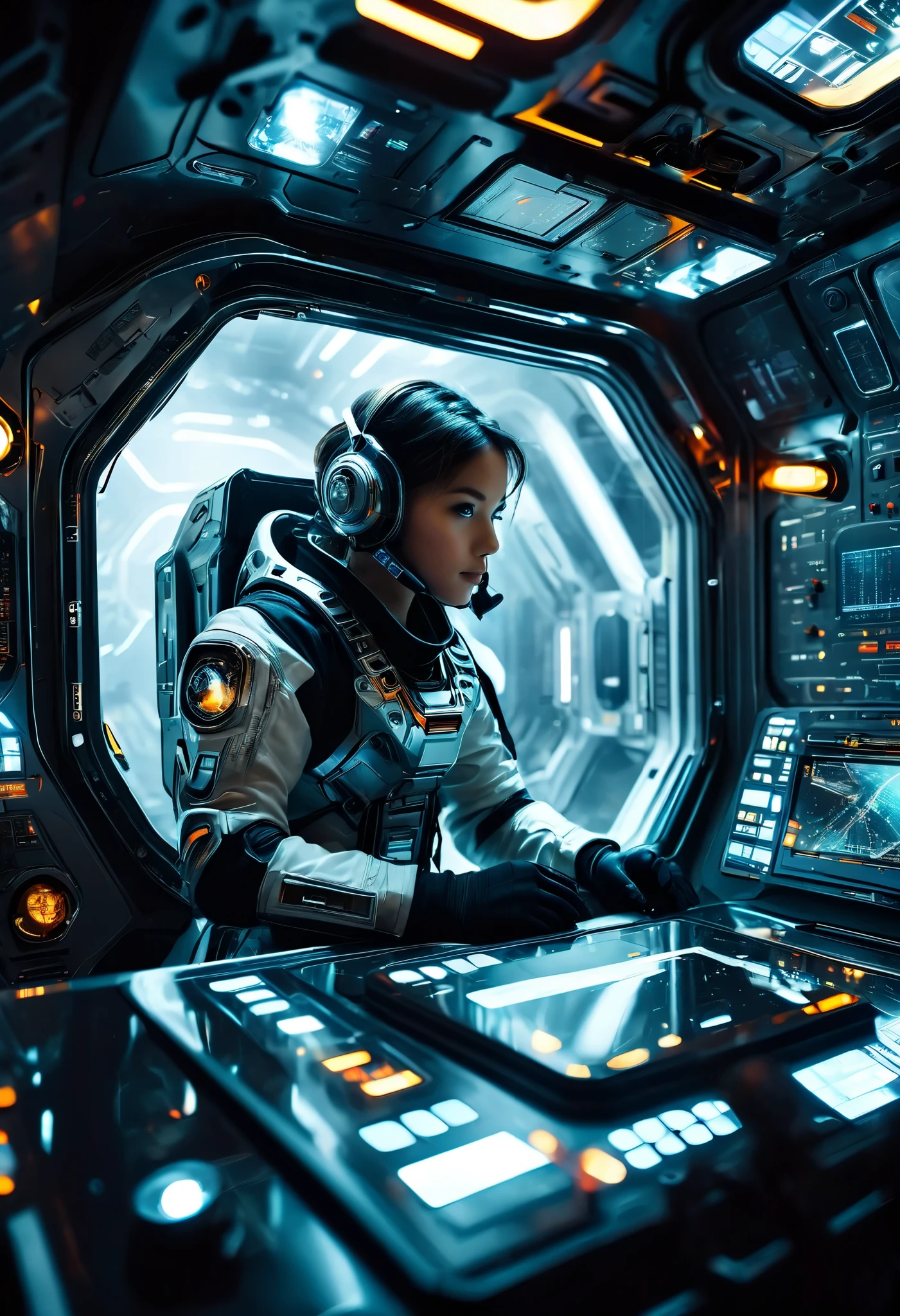 Futuristic Astronaut Inside a Spaceship, control panel , High-tech interior, Metal and Glass Material , atmospheric lighting , Dramatic Cinematic Composition , intricate details, Realistic, Concept Art Style