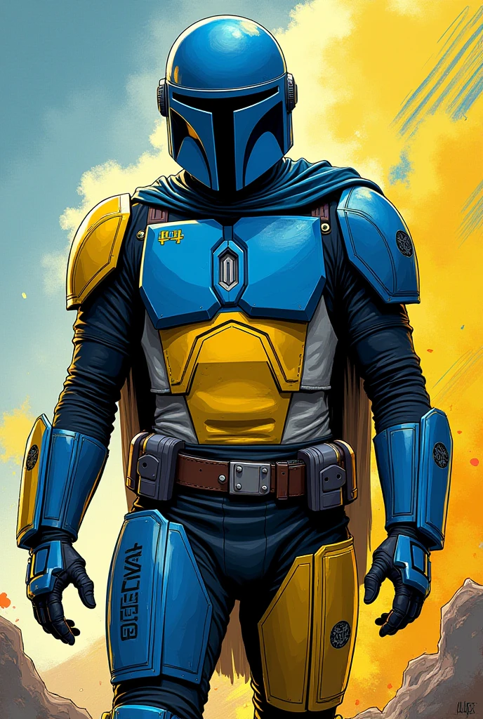 Un mandalorien portant les couleurs de l'Ukraine dans un style anime comics
