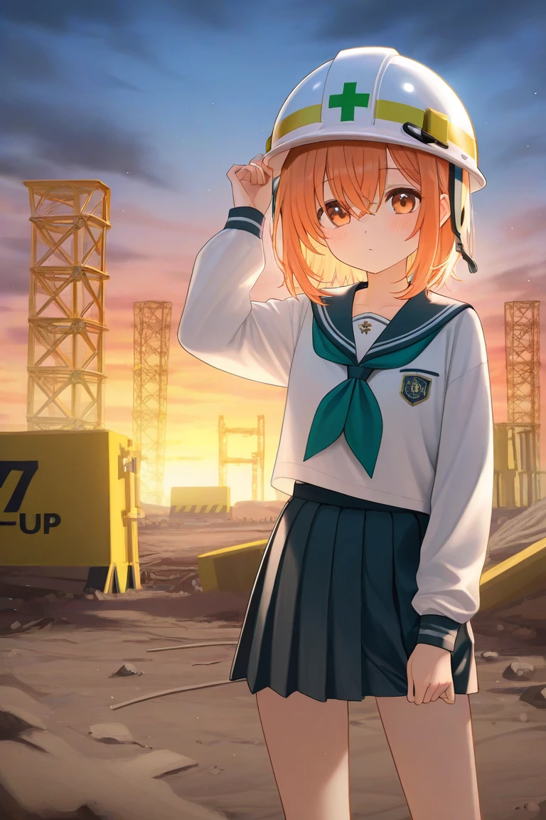 Schoolgirl　construction site　 HD　Sunset　 helmet 