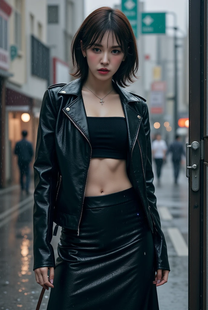 An office lady , in the rain, looks full body full body and wet clothes ,  expression of pain,  wears a black leather jacket without a shirt , do not use underwear,  uses a long fishtail skirt to the toe of a black color,  using a cross necklace 