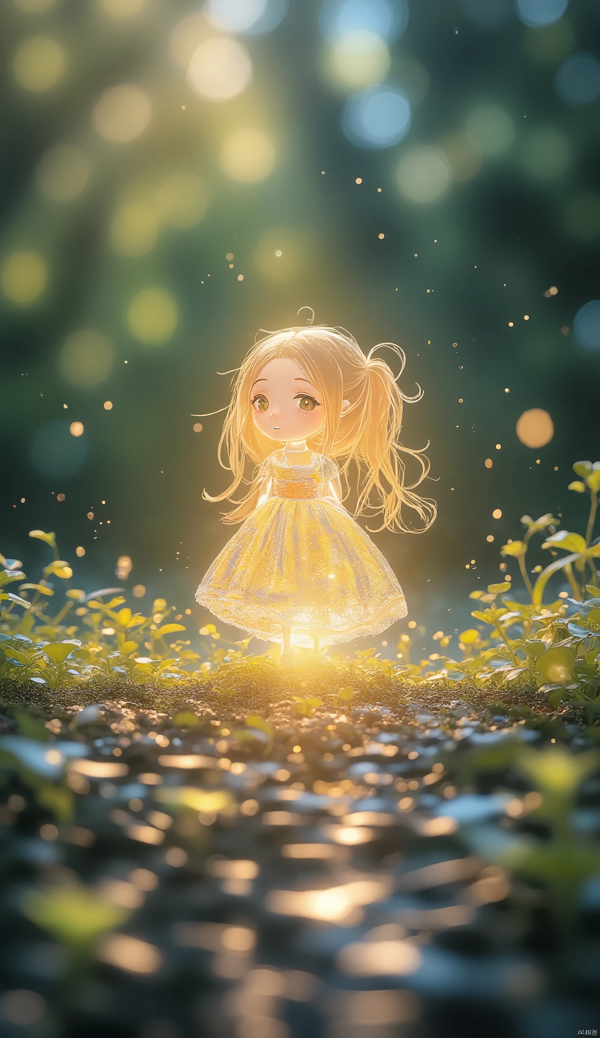 a beautiful woman with soft golden hair 、Surrounded by pale blue and white flowers 々 。 she closes her eyes with a gentle expression 、 creates a fantastic atmosphere like a dream overall。