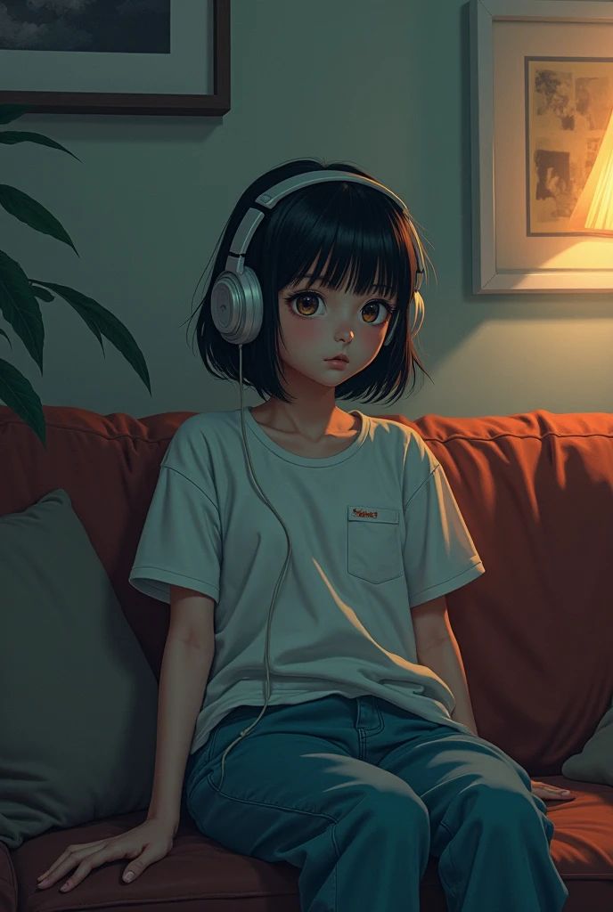 high resolution、One Girl、Wearing headphones、Fu shoulder shirt and hot pants、Inside a minimalist room、Fabric sofa、Vibrant colors、Vivid Color、Warm shades、Full body images、Black shorthair、