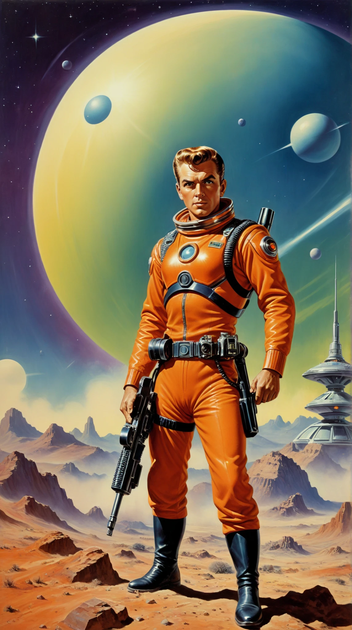 by Angus McKie, .1950's pulp sci-fi male space cadet, holding a ray gun rifle at ready, giant gas planet background,.(professional poster art, bold lines:1.4),.(pulp sci-fi,  beautiful, intricate details, masterpiece, best quality:1.4),.cinematic full body shot, dynamic pose,.pulp sci-fi poster art color palette,.dramatic and dynamic lighting,..