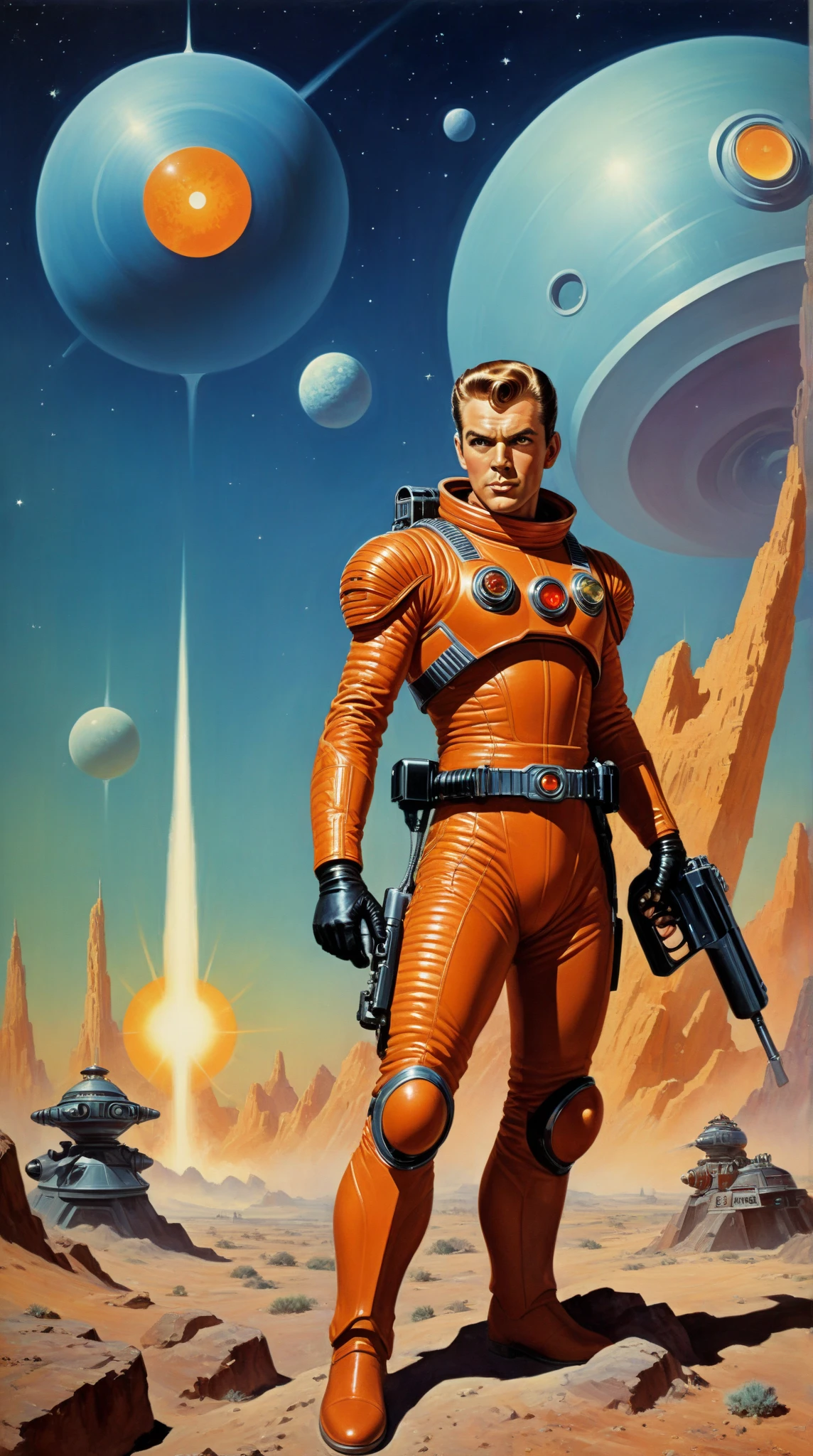 by Angus McKie, .1950's pulp sci-fi male space cadet, holding a ray gun rifle at ready, giant gas planet background,.(professional poster art, bold lines:1.4),.(pulp sci-fi,  beautiful, intricate details, masterpiece, best quality:1.4),.cinematic full body shot, dynamic pose,.pulp sci-fi poster art color palette,.dramatic and dynamic lighting,..