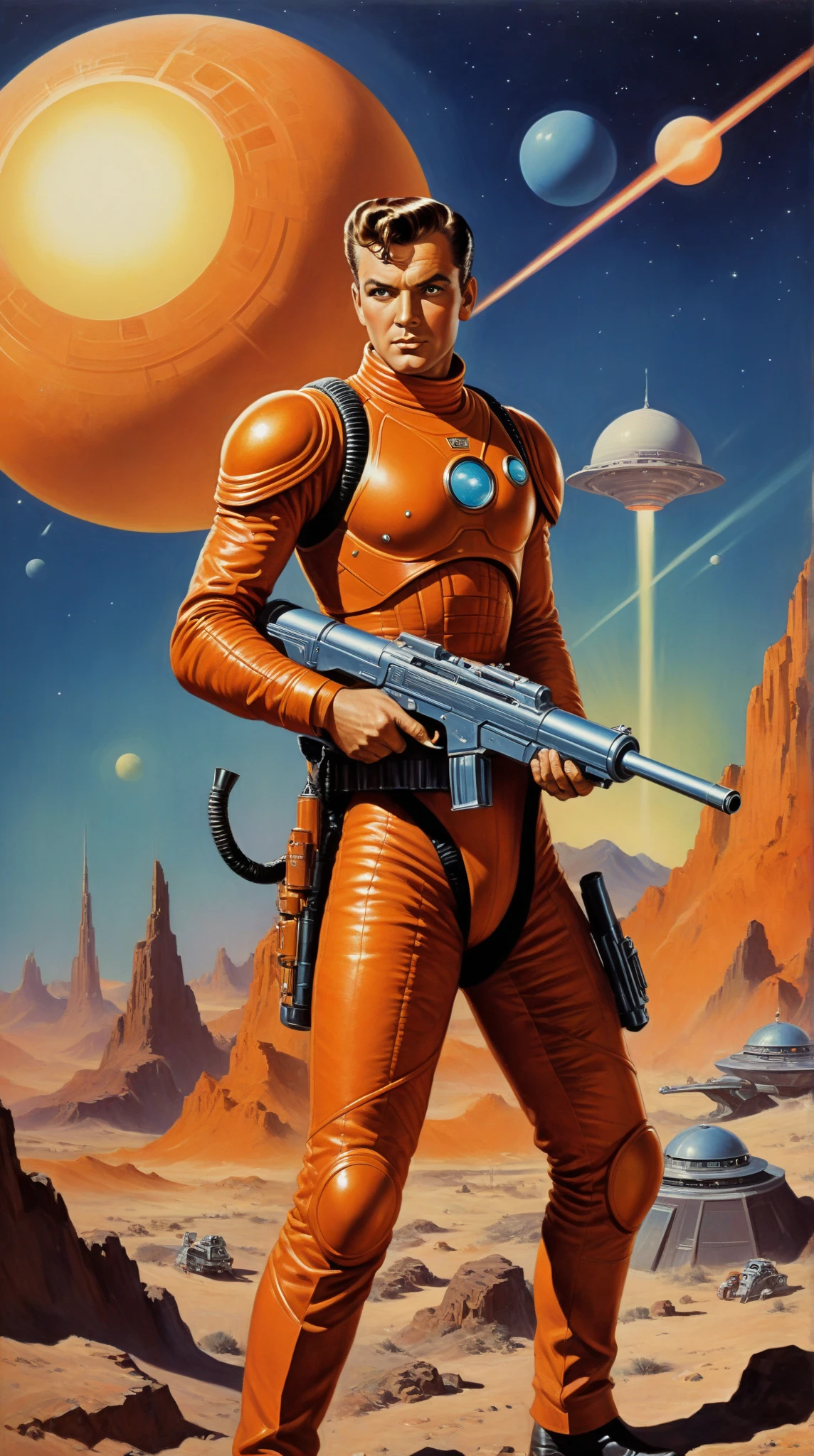 by Angus McKie, .1950's pulp sci-fi male space cadet, holding a ray gun rifle at ready, giant gas planet background,.(professional poster art, bold lines:1.4),.(pulp sci-fi,  beautiful, intricate details, masterpiece, best quality:1.4),.cinematic full body shot, dynamic pose,.pulp sci-fi poster art color palette,.dramatic and dynamic lighting,..